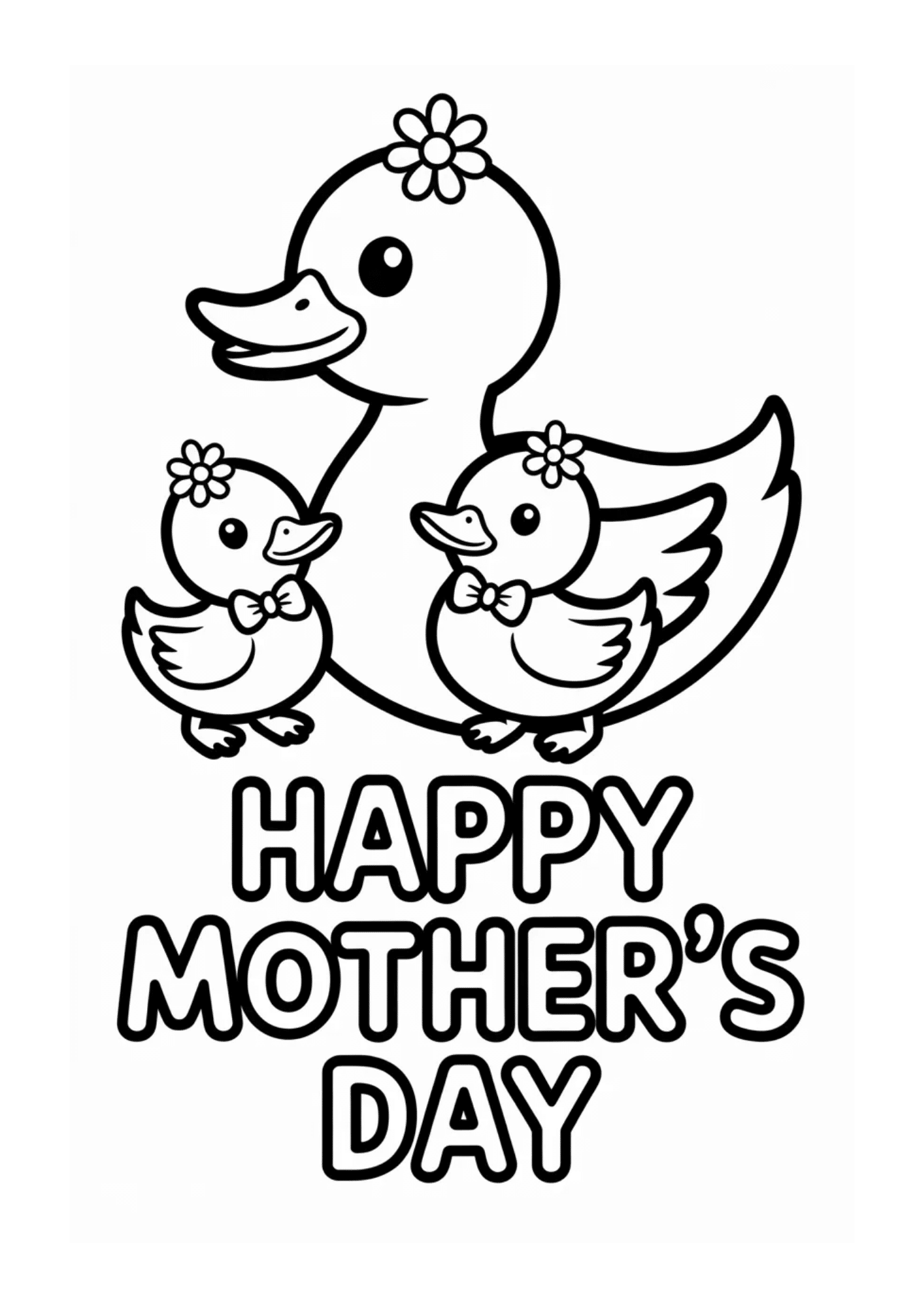 mother duck with two baby ducks wearing bows and flowers with happy mothers day text in cute cartoon style