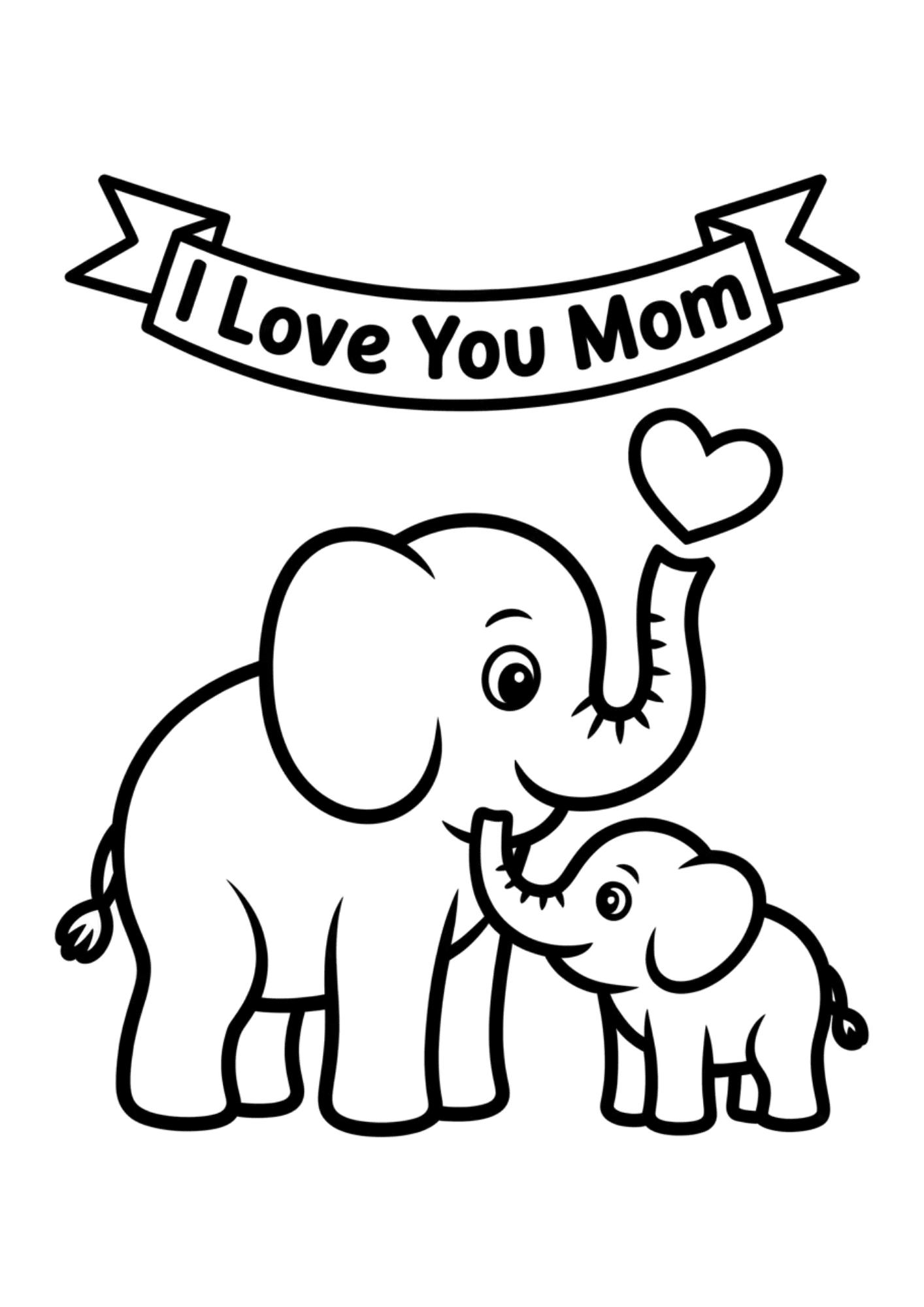 mother elephant and baby elephant touching trunks with heart and i love you mom banner in a sweet cartoon style