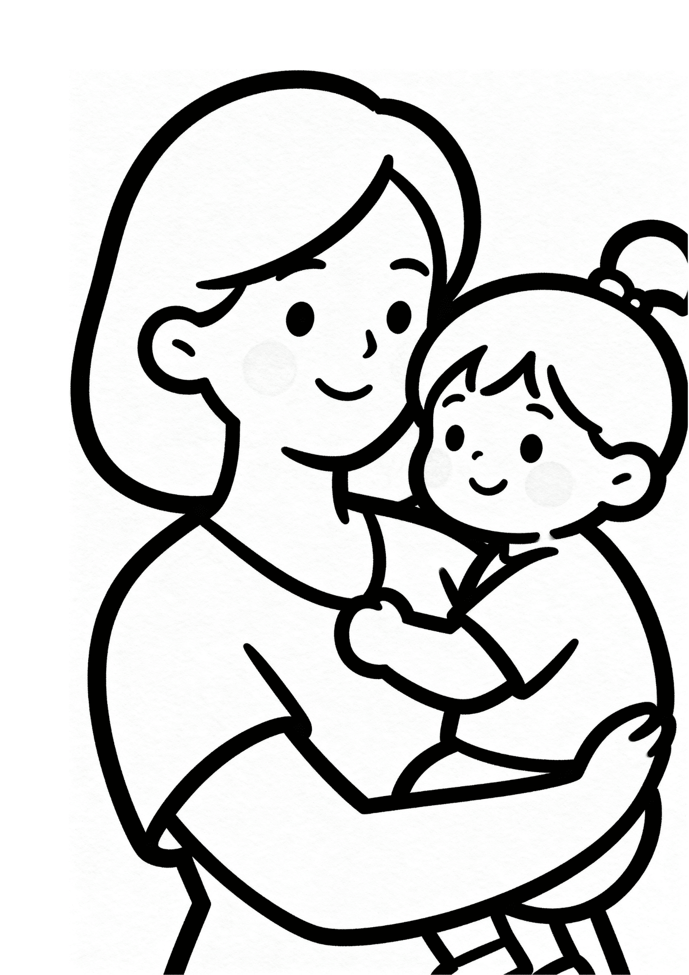 mother gently holding child close, both smiling, minimal line art style showing love and bonding moment