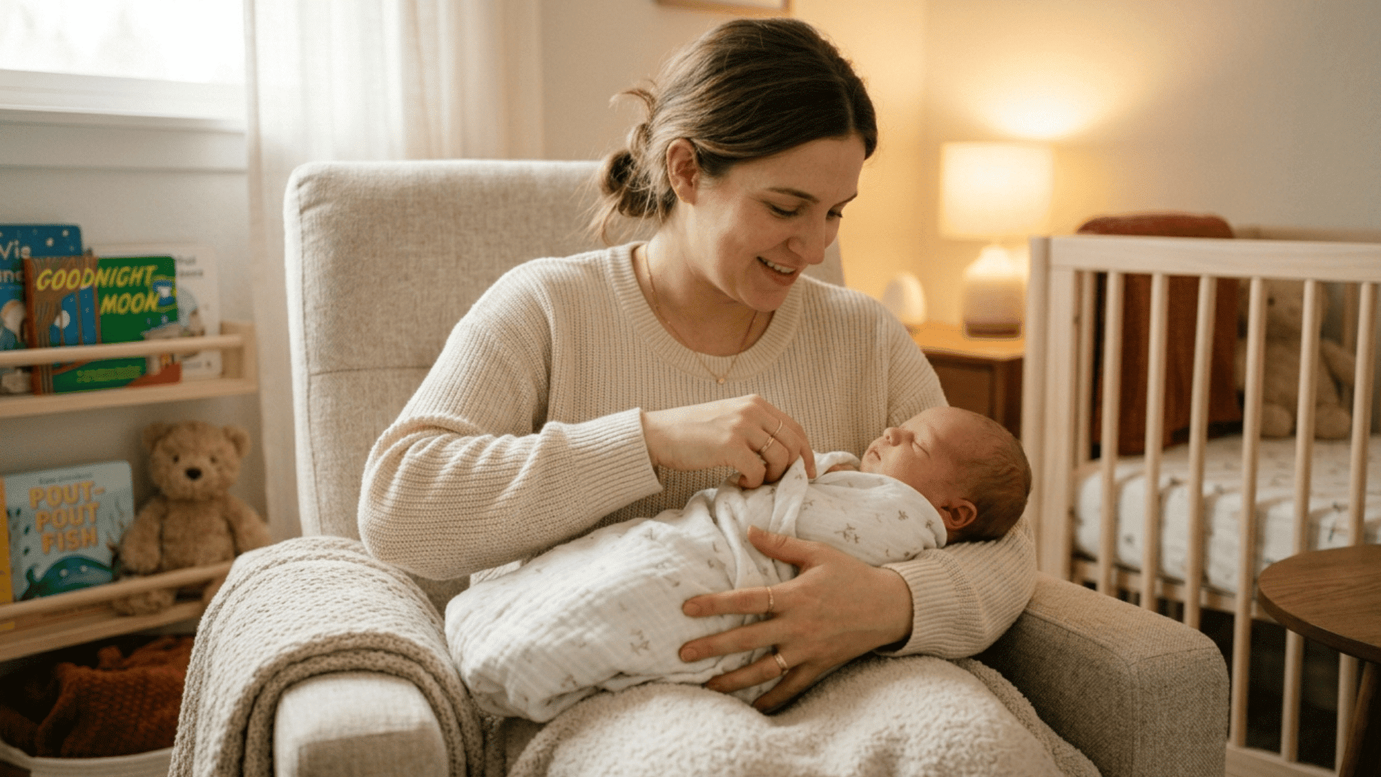 mother gently holding newborn baby in cozy nursery chair surrounded by soft lighting crib and children's books