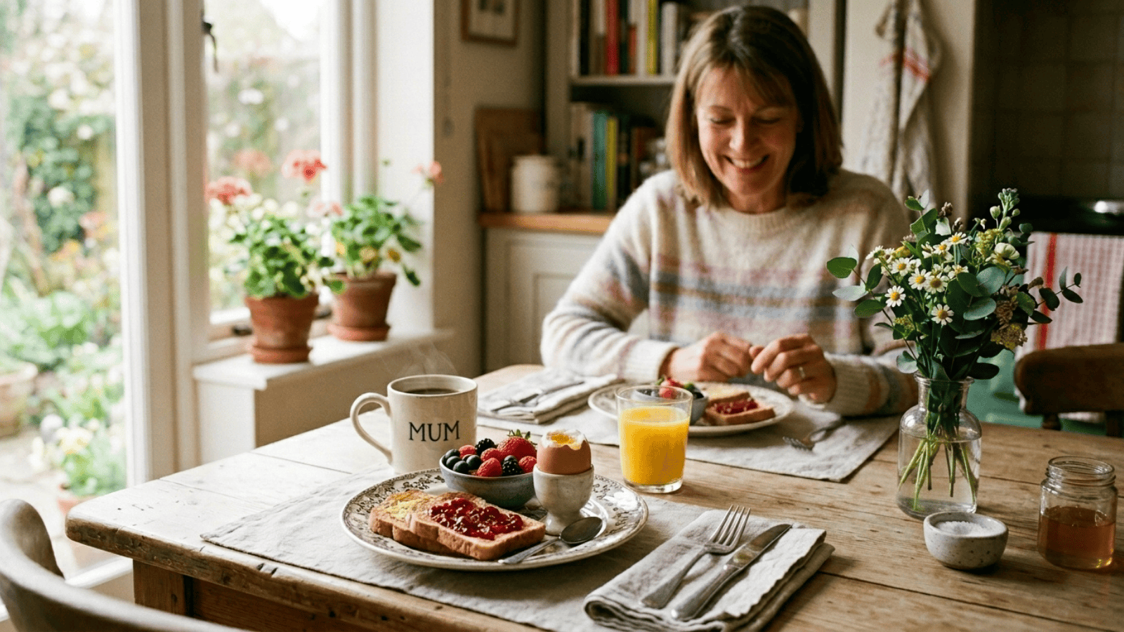 mother getting a breakfast surprise by children, jam toast, eggs, berries and orange juice