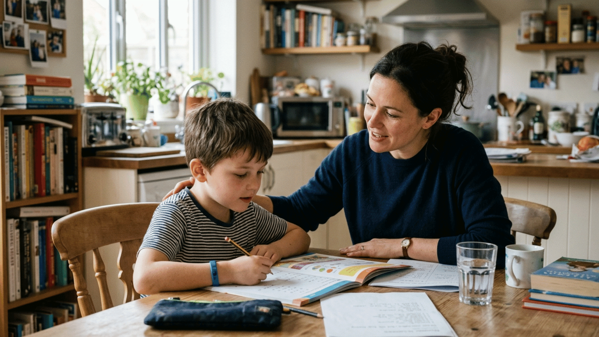 mother guiding child with homework at kitchen table, showing supportive and structured gentle parenting interaction.