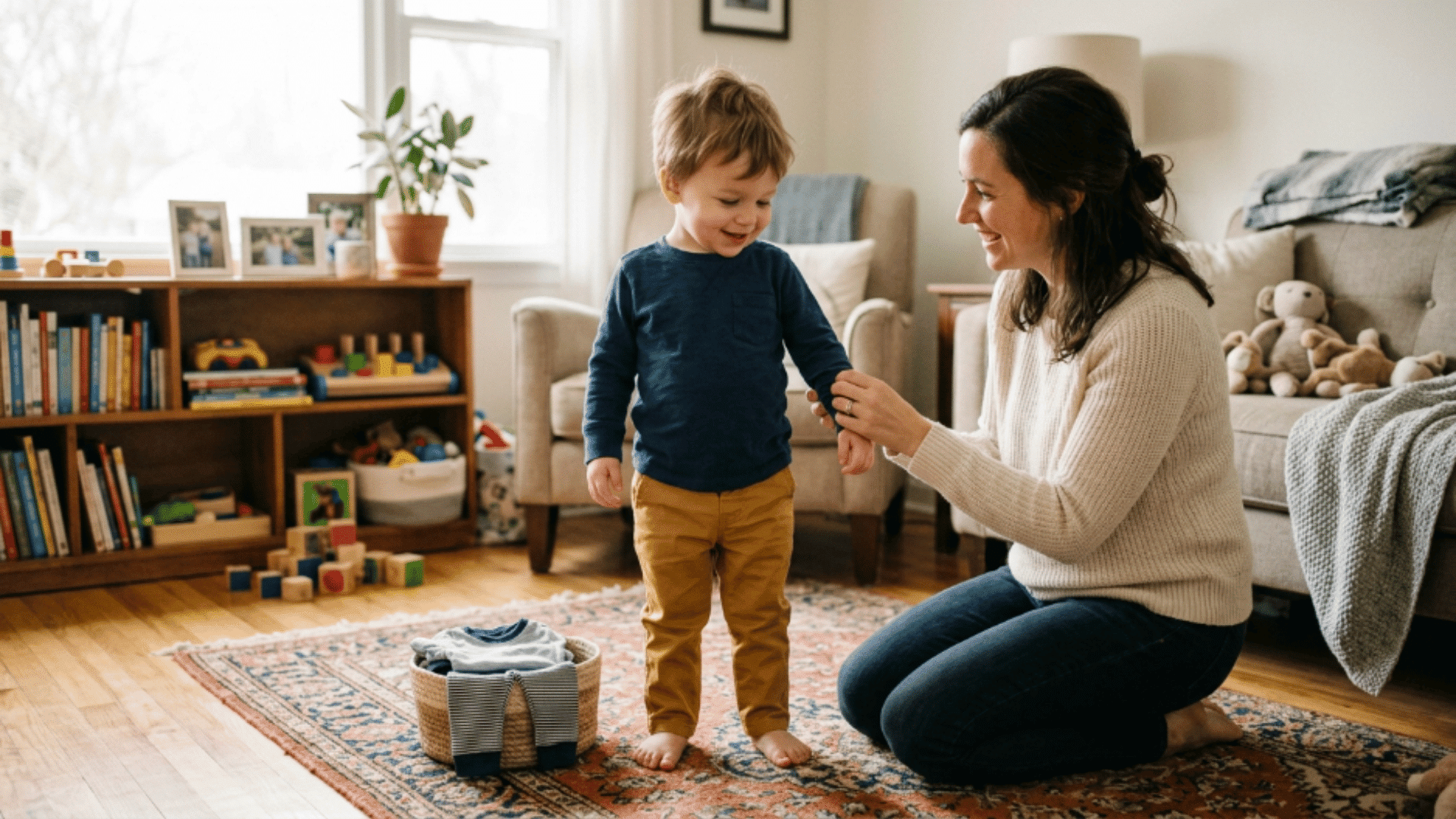 mother helping toddler try on clothes in a cozy home setting, checking fit while folded baby clothes sit nearby on the floor.