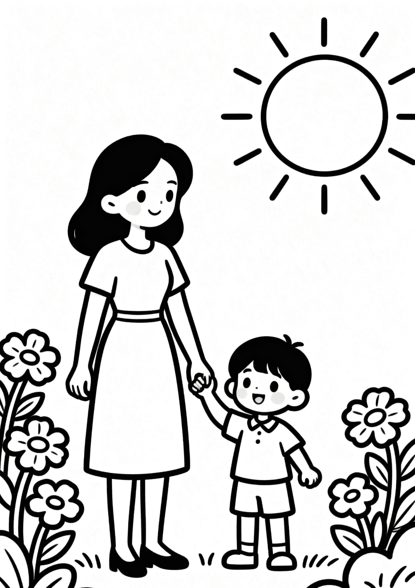 mother holding child hand outdoors with sun and flowers, simple line art showing happy bonding moment