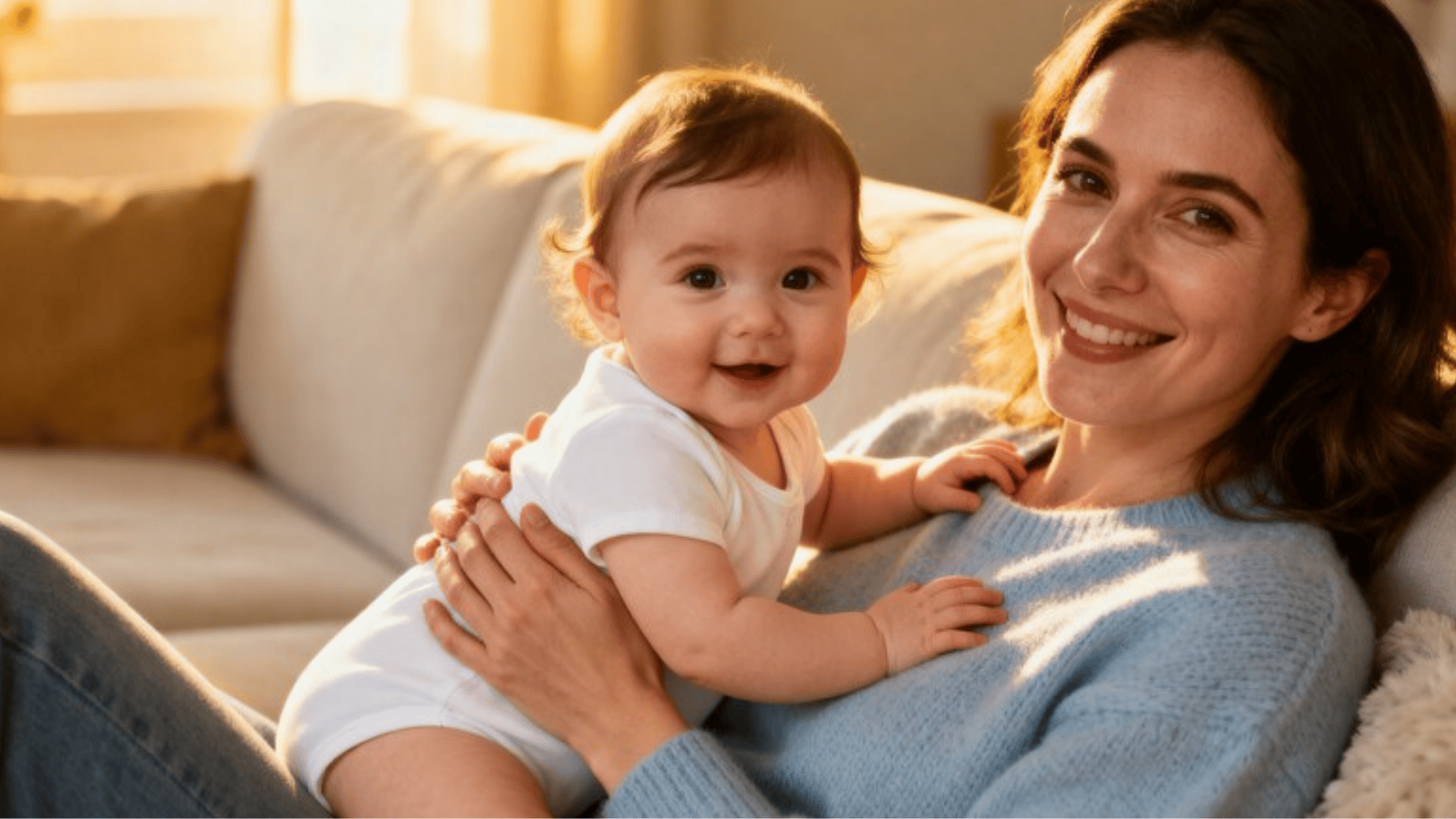 mother holding smiling baby on couch in warm home setting, showing a happy and healthy moment between parent and child