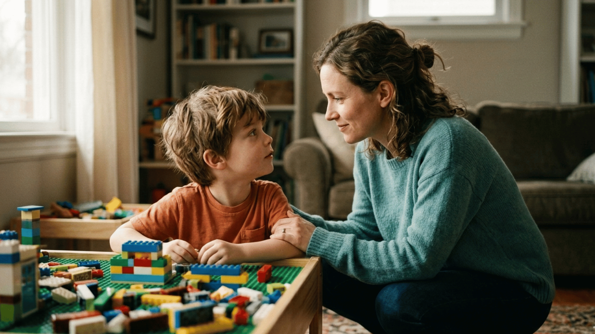 mother kneeling to make eye contact with a young boy playing with blocks.