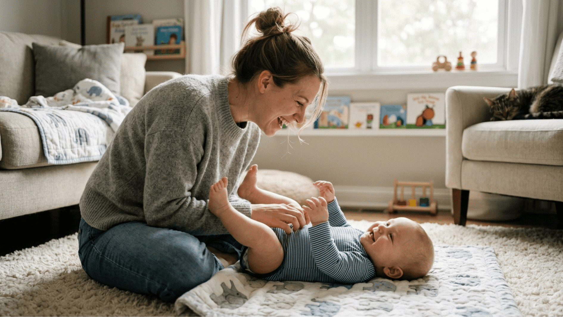 mother playing with her baby on a soft rug at home, sharing joyful bonding moments in a bright and peaceful room (1)