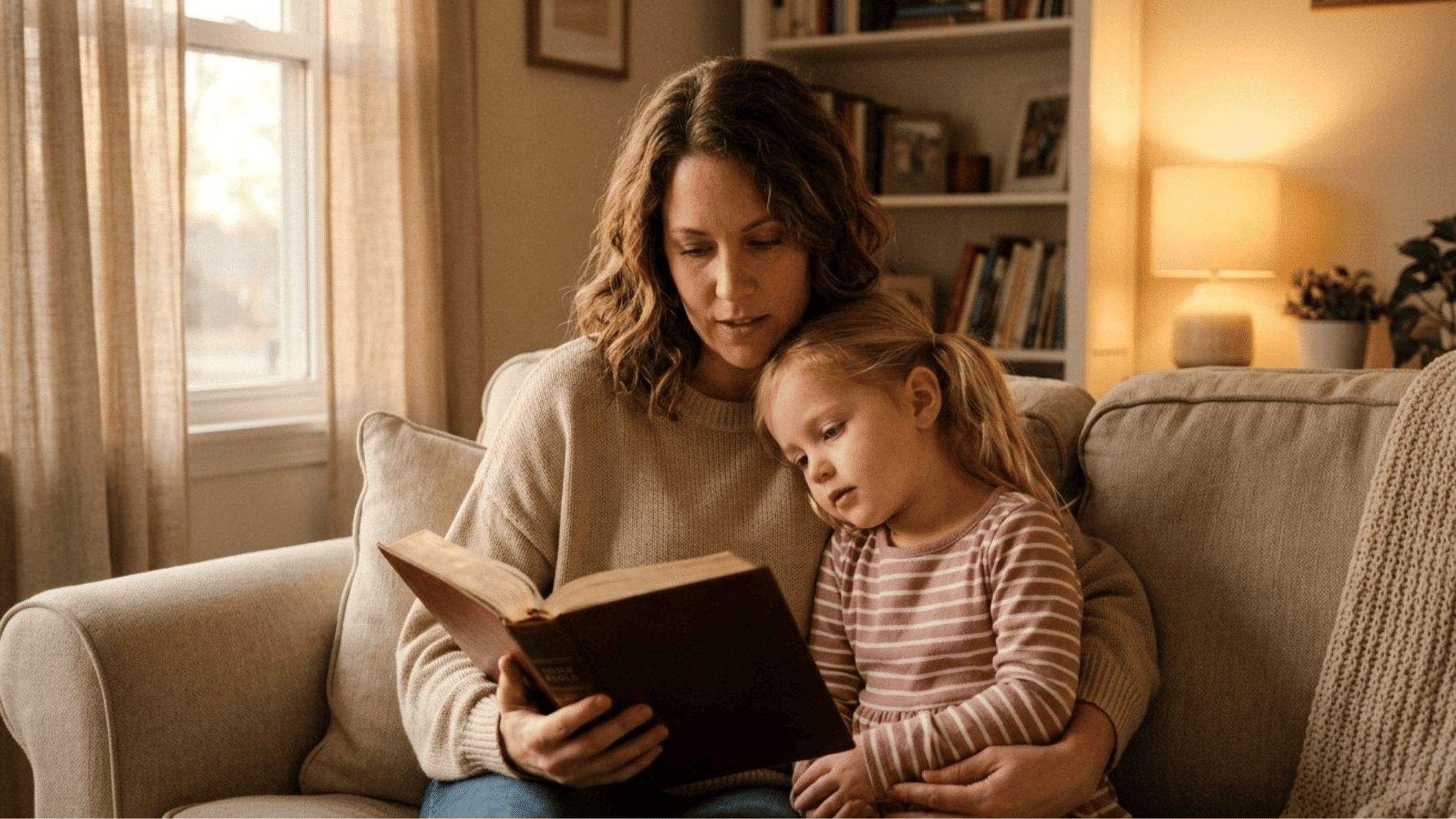 mother reading a Bible with her young daughter on a cozy couch, sharing a quiet, warm moment at home
