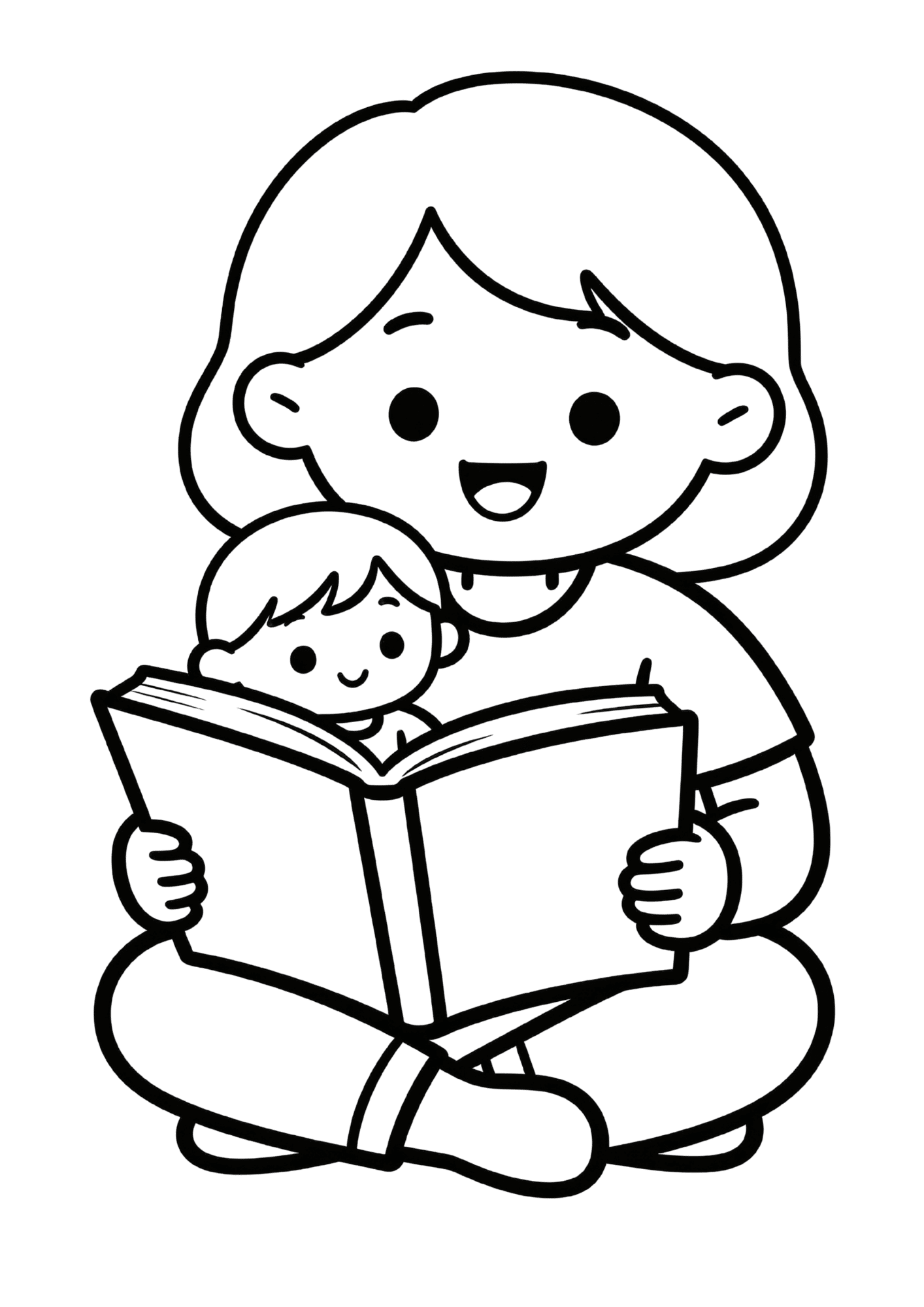 mother reading book with child on lap, both smiling, simple line art showing nurturing and learning moment