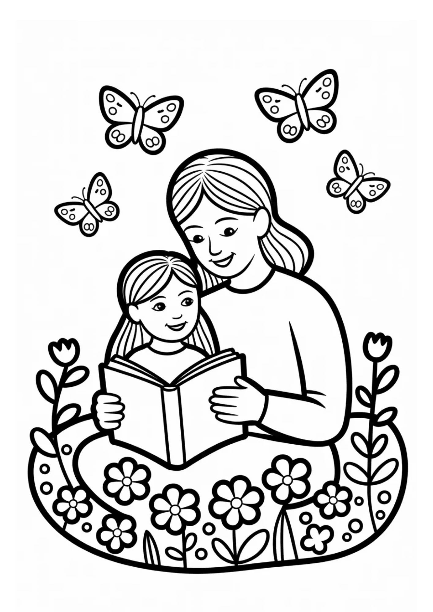 mother reading book with child sitting together surrounded by flowers and butterflies in peaceful scene