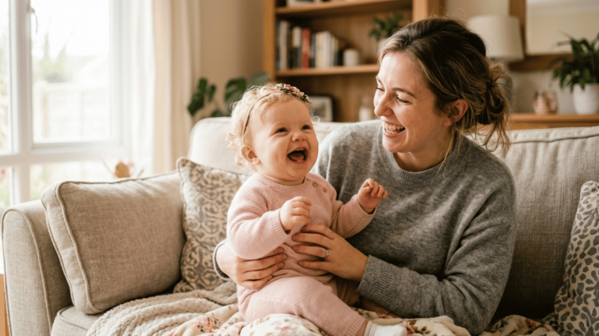 mother sitting on a sofa holding her smiling baby girl in a warm home setting with soft light and a calm, happy atmosphere