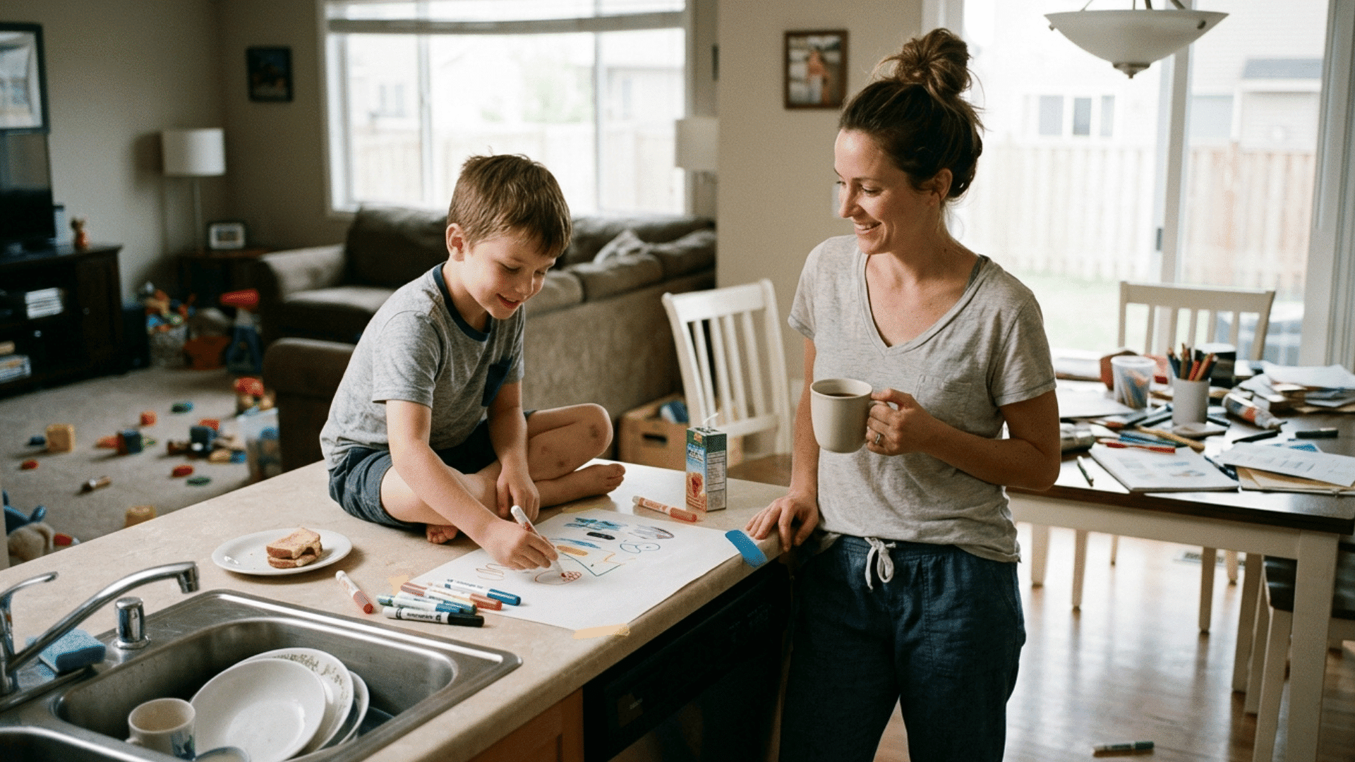 mother smiling as child draws on kitchen counter, showing relaxed and permissive parenting moment.