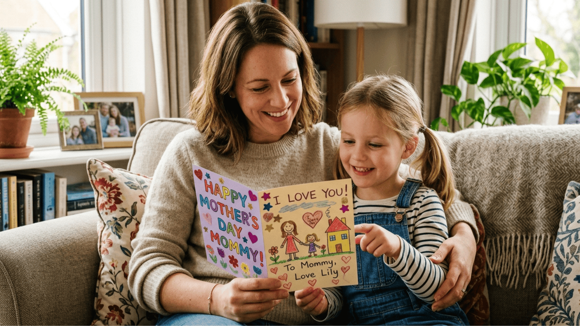 mother smiling while reading a handmade Mother’s Day card with young daughter on a cozy couch at home, sharing a happy moment