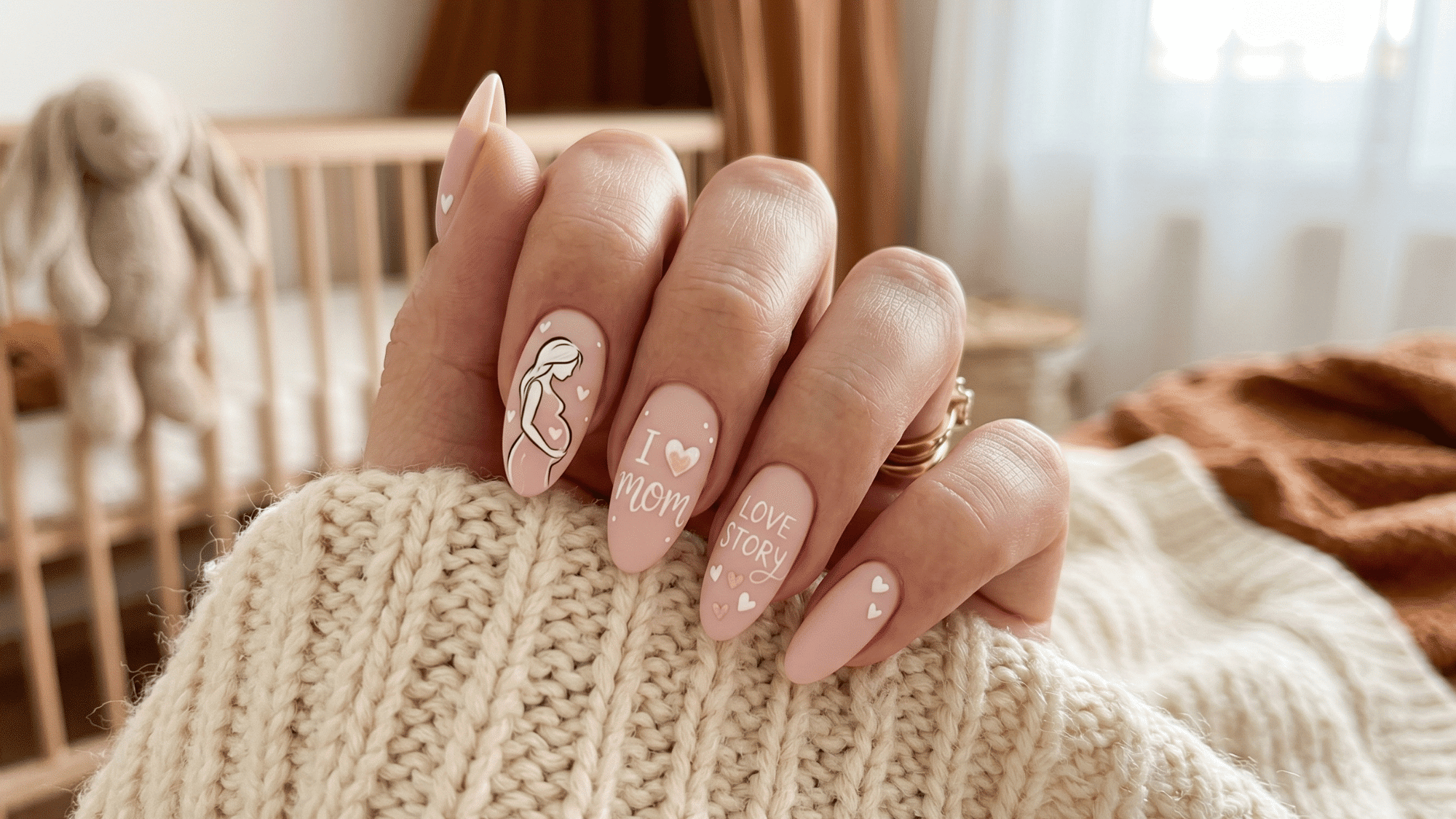 motherhood love story nails with soft pink tones and minimal heart details