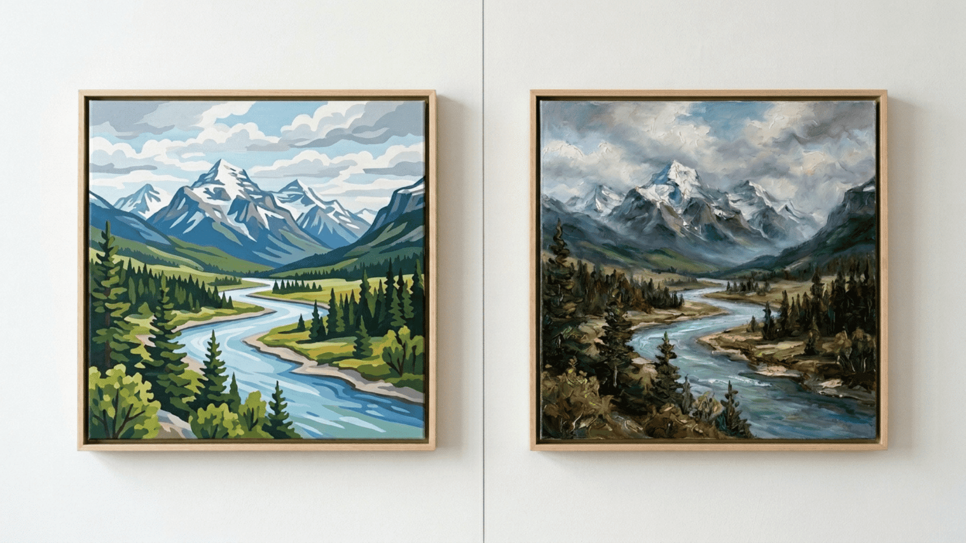 mountain landscape painted in flat acrylic and textured oil paint style showing difference between both mediums