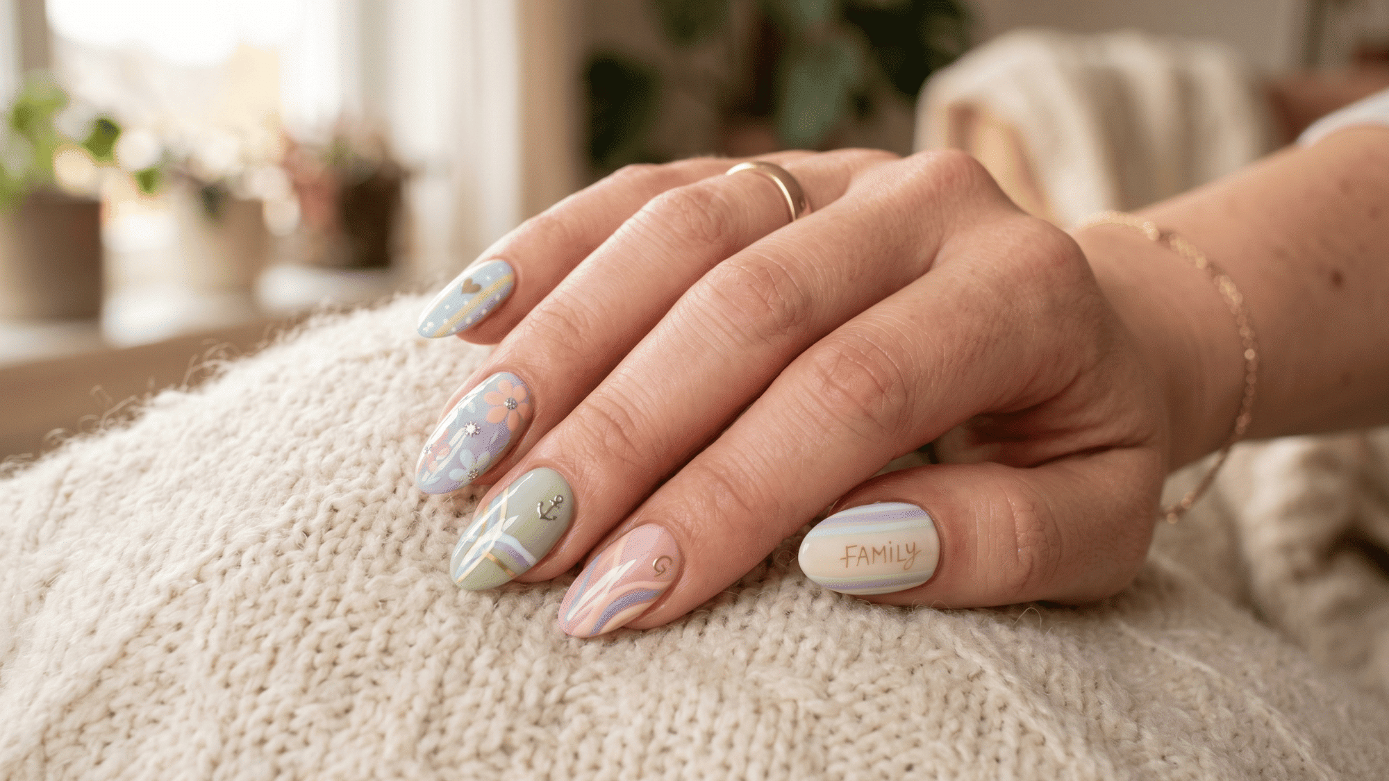 multi color nail design representing family members in soft pastel shades