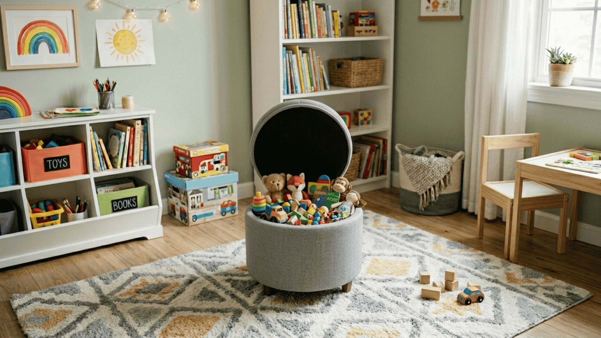 multi use storage ottoman with hidden toy storage and seating in a compact playroom with flexible layout