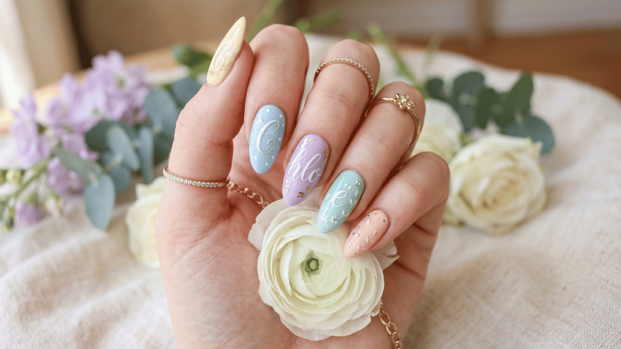 name inspired nail design with pastel colors and elegant lettering