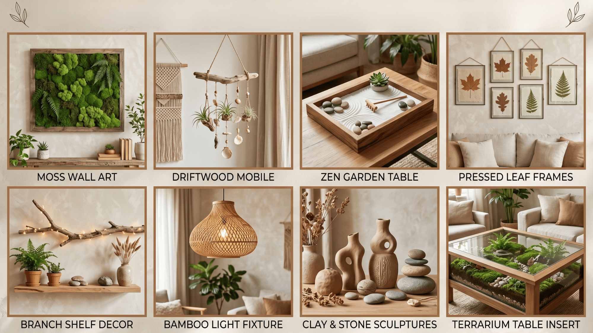 natural diy decor collage with plants moss wall art and earthy living room styling ideas