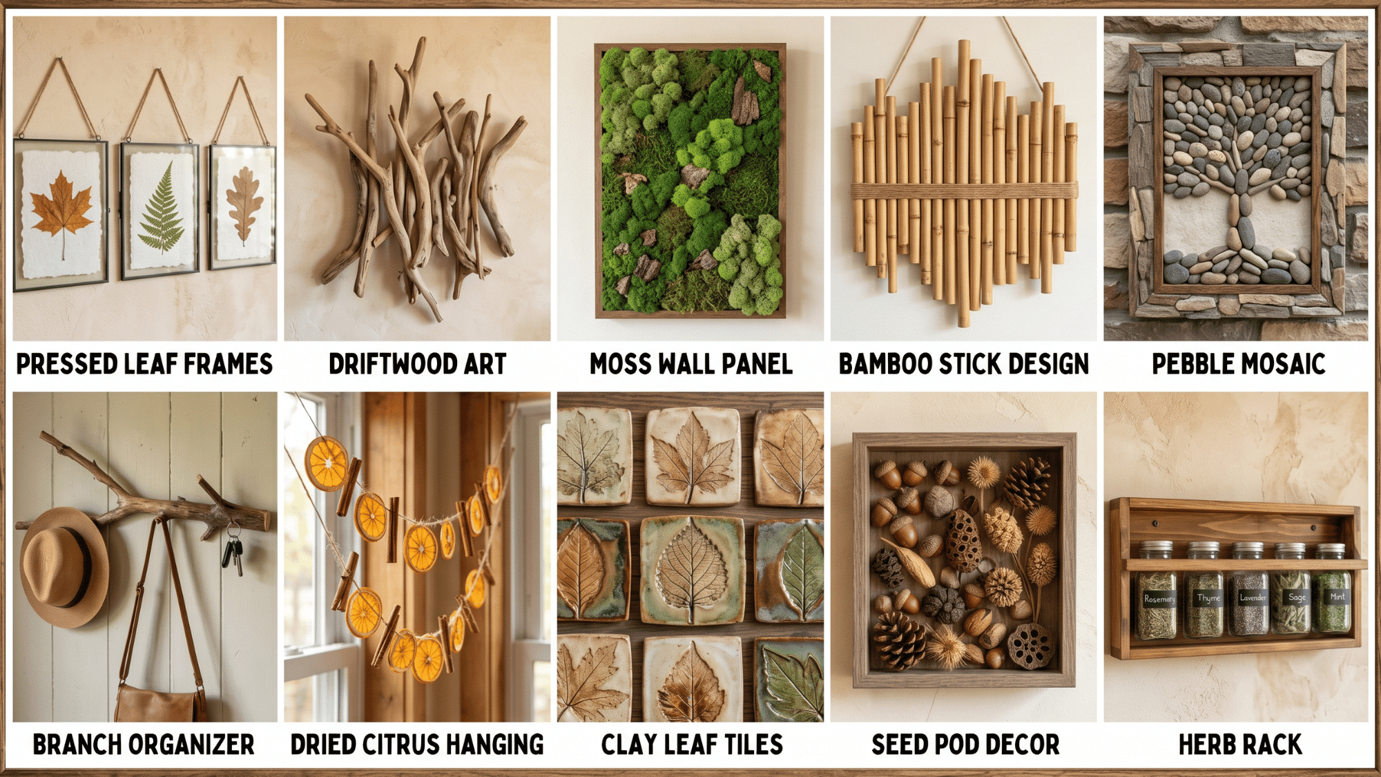 nature inspired diy wall decor grid collage with driftwood, moss panels, leaf art and organic wall designs