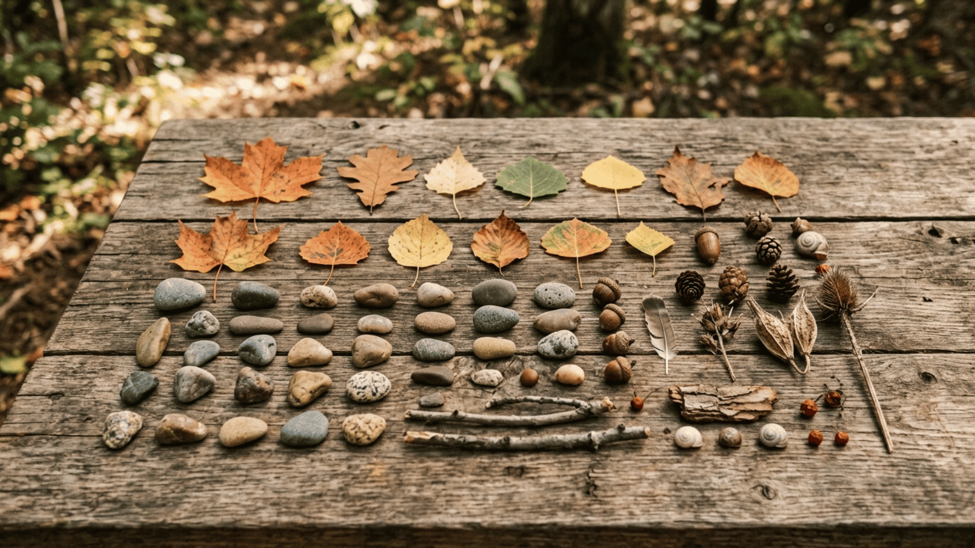 neatly arranged collection of leaves, stones, pinecones, and twigs lined up on a rustic wooden table in a forest setting.