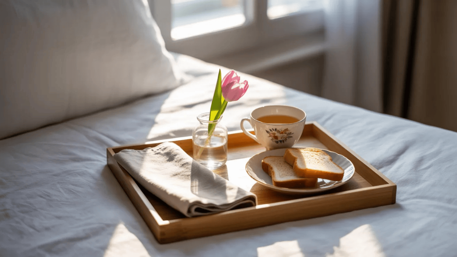 neatly styled breakfast tray on a white bedsheet a cup of tea, a small vase with a single flower, buttered toast, and a folded napkin