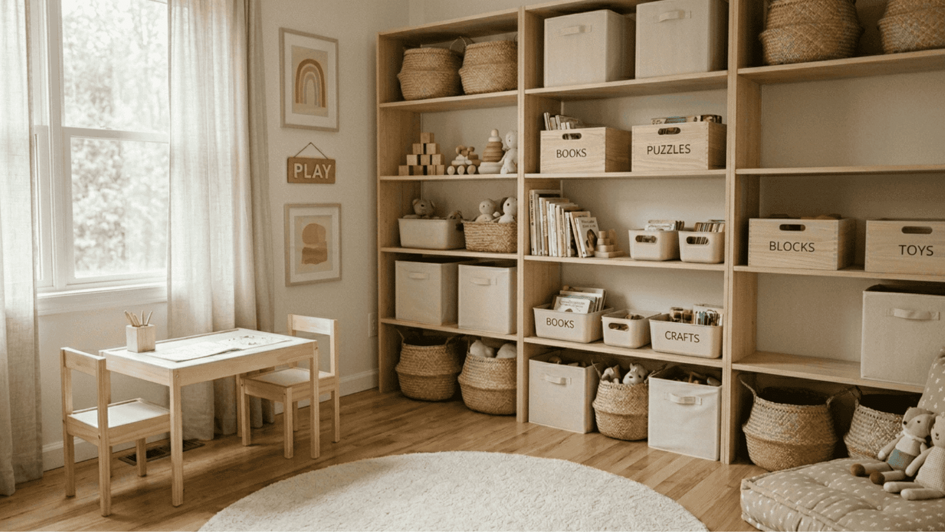 neutral storage bins and shelves reducing visual clutter and keeping a calm look in a compact playroom