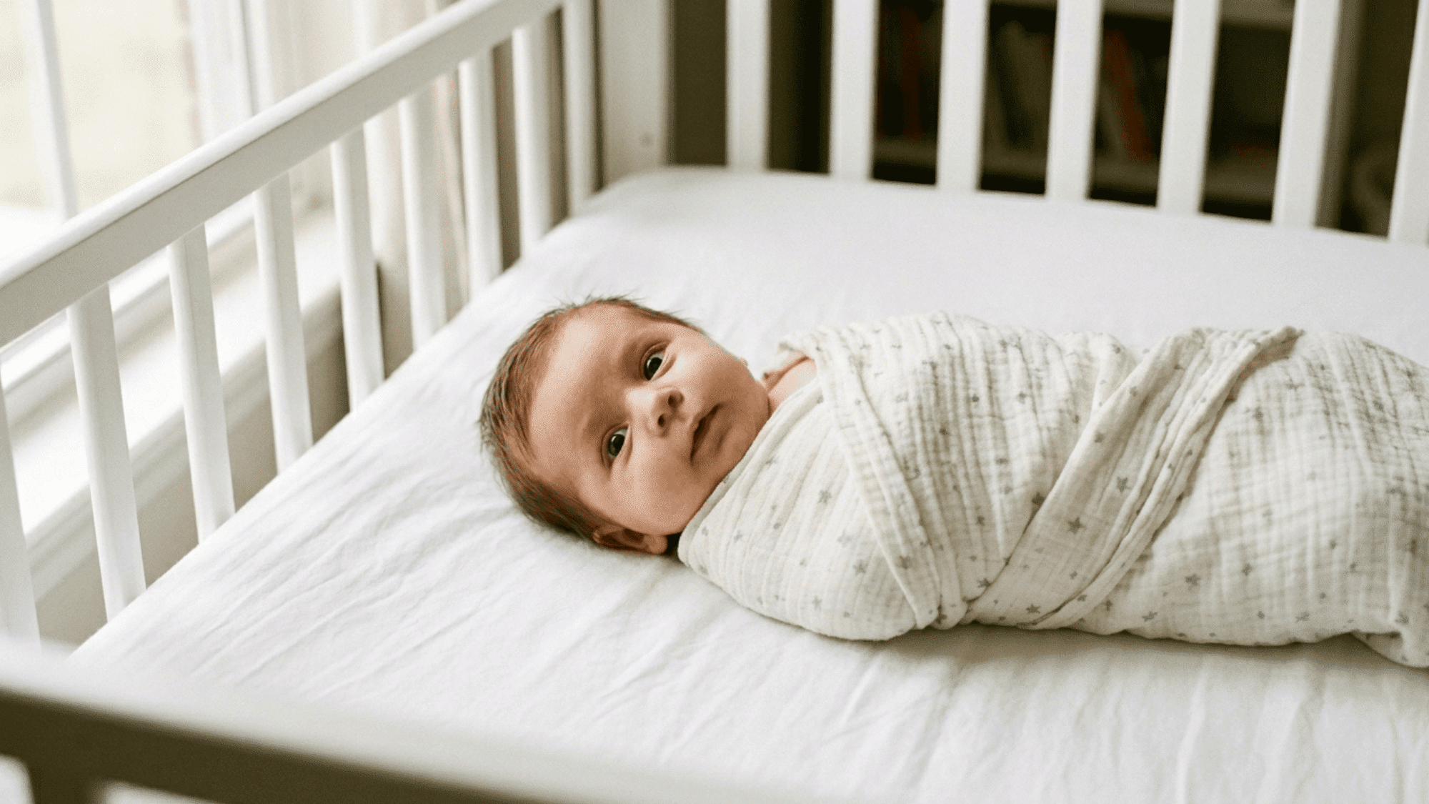 newborn baby swaddled and lying in crib awake with wide eyes in soft natural light minimal nursery setting