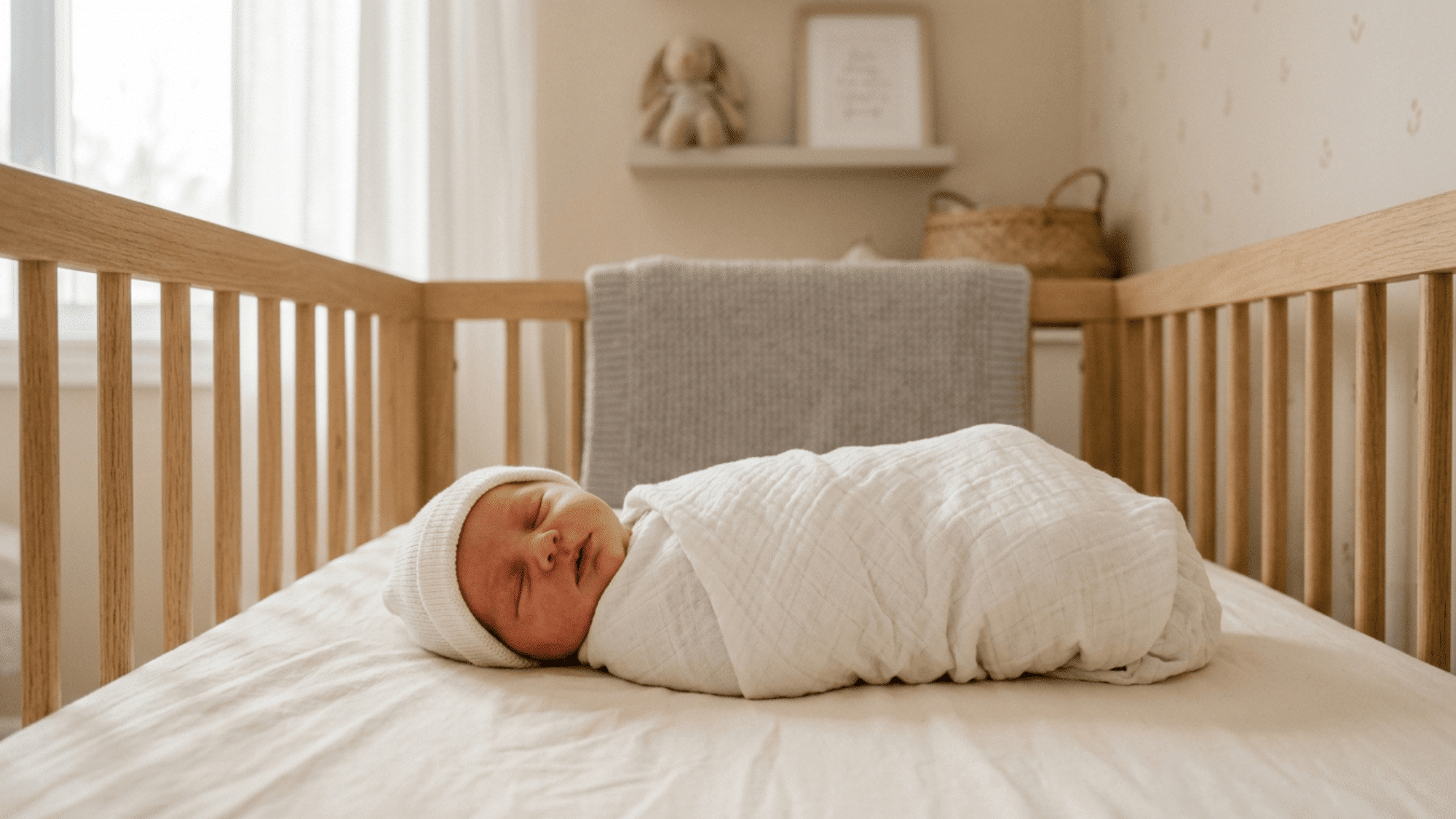 newborn baby swaddled and sleeping peacefully in crib with soft blanket in cozy neutral nursery setting