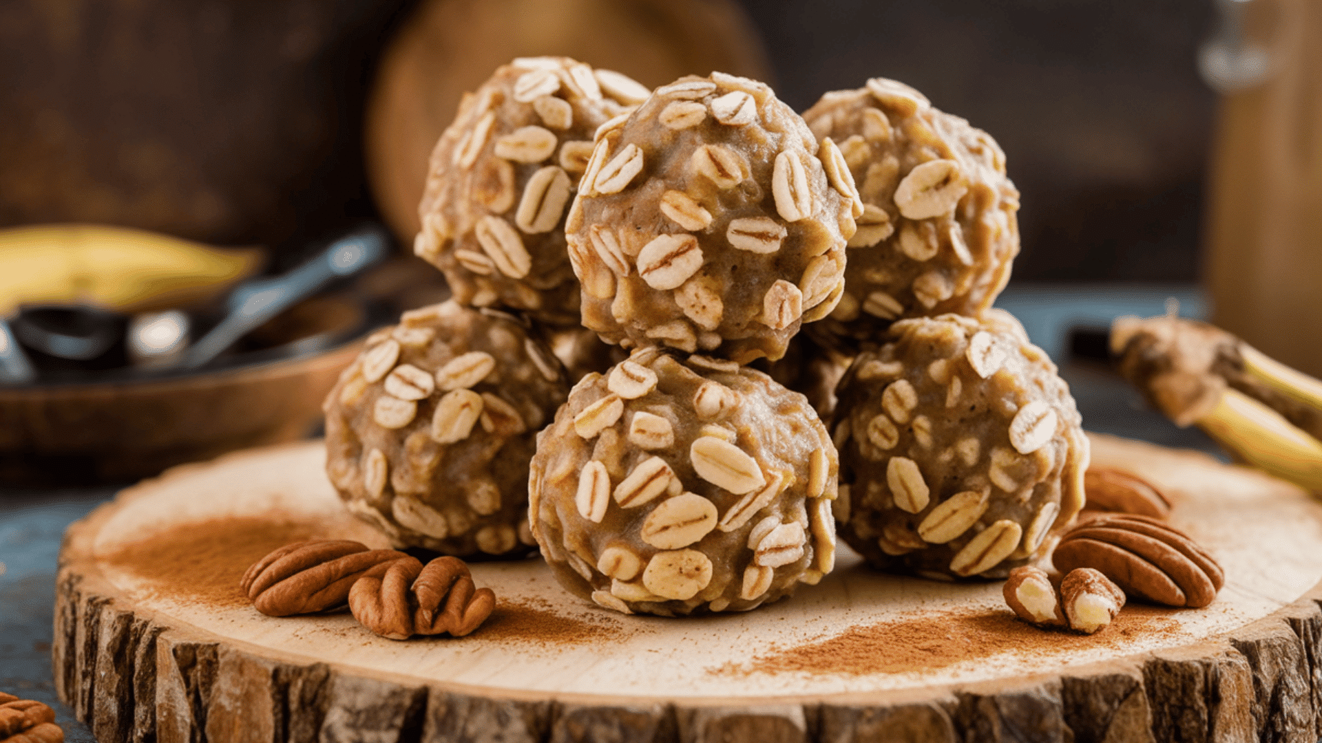 oat energy balls with oats and nuts stacked on a wooden board.