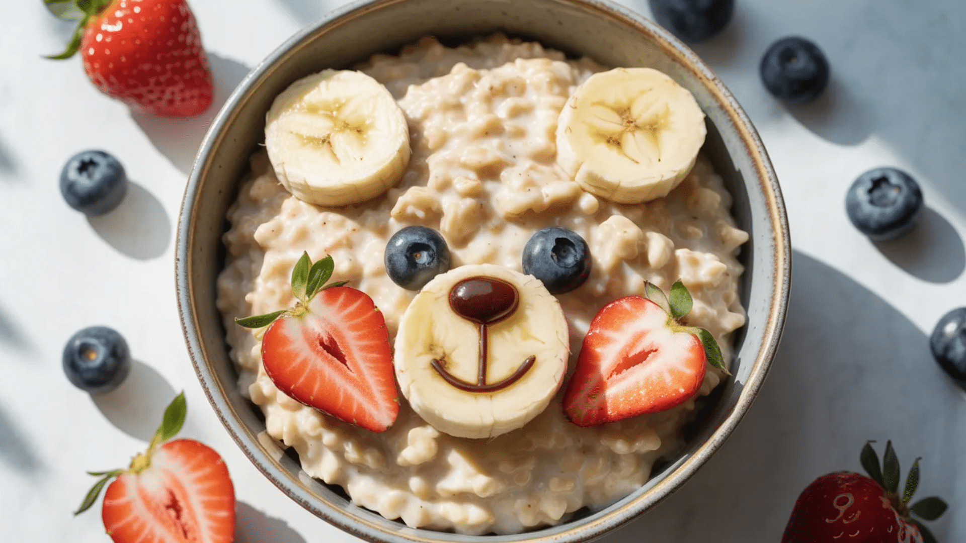 oatmeal bowl decorated with fruit arranged like a bear face