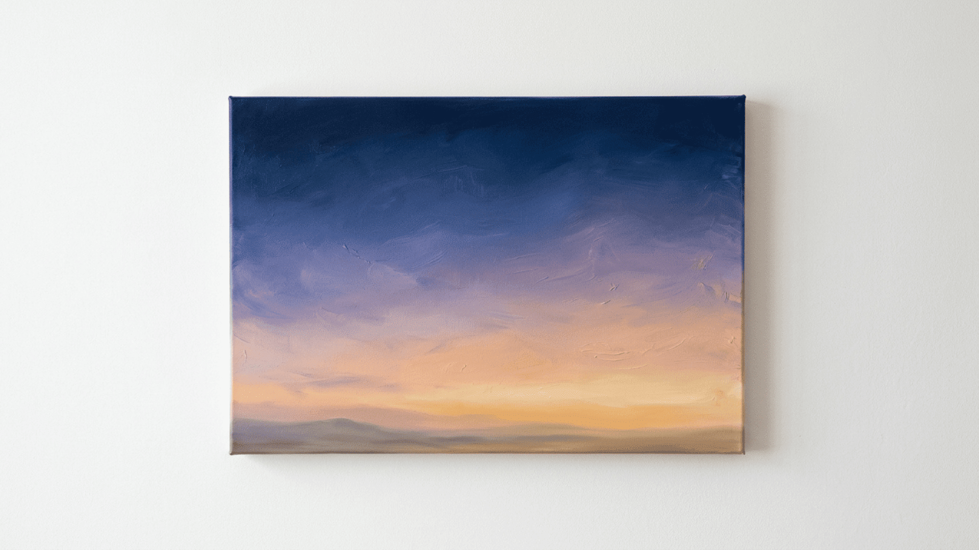 oil paint sky canvas with smooth gradient blending from deep navy blue to soft peach and gold on white background