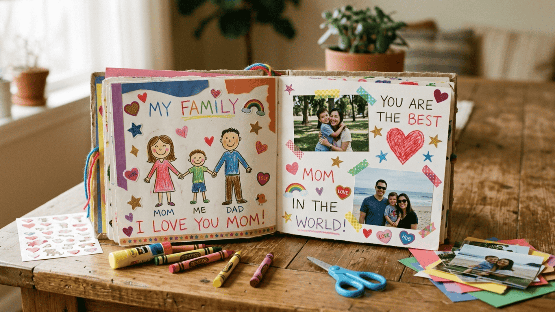 open handmade scrapbook with glued photos and handwritten notes decorated with stars and hearts for mothers day