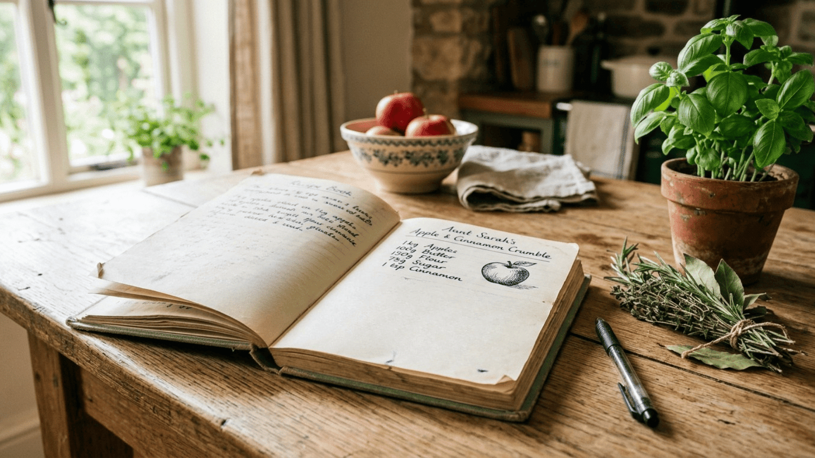 open handwritten recipe book on a wooden kitchen table beside a pen, some dried herbs, and a small potted plant, warm natural light