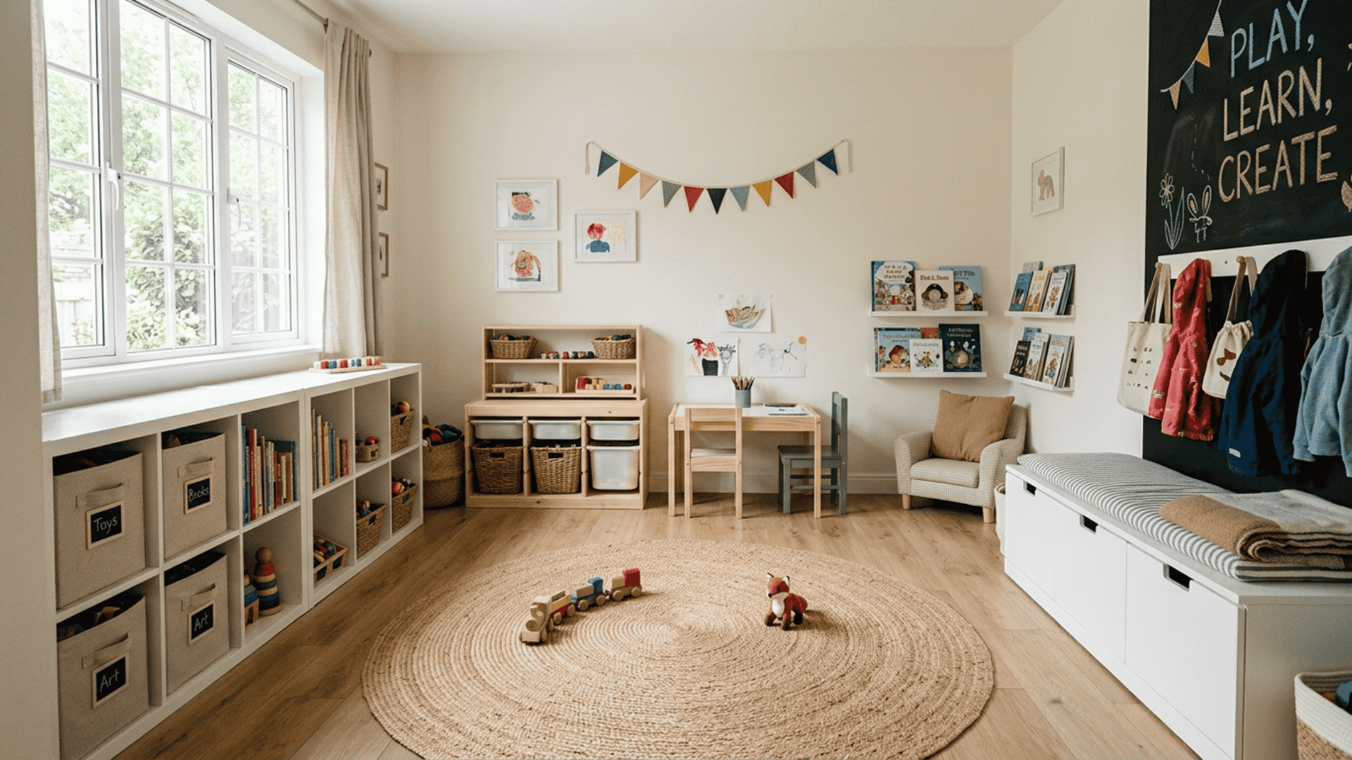 open layout playroom with clear center space allowing free movement in a compact room setup