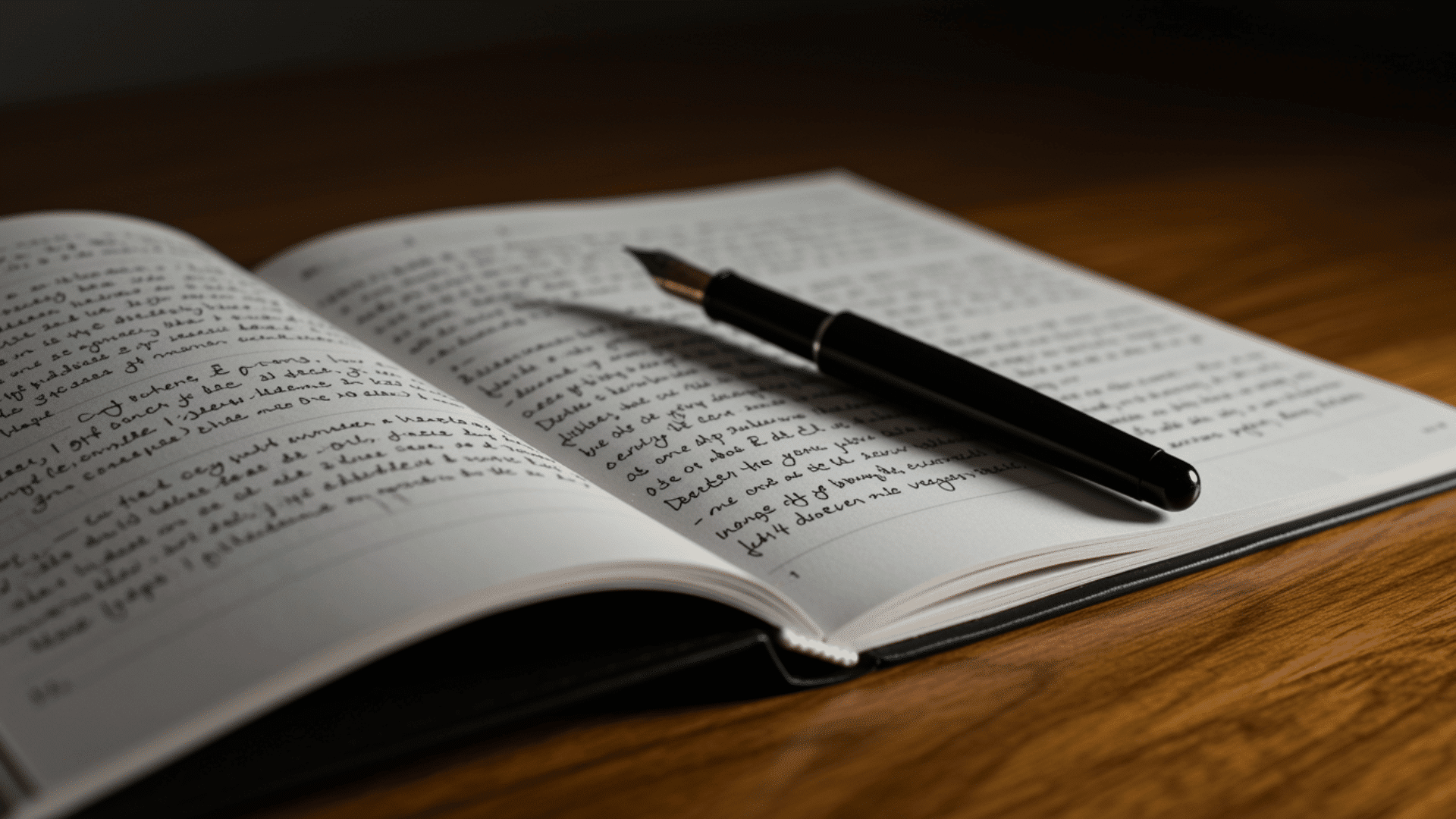 open notebook with handwritten notes and a fountain pen resting across pages on a wooden surface in soft lighting.