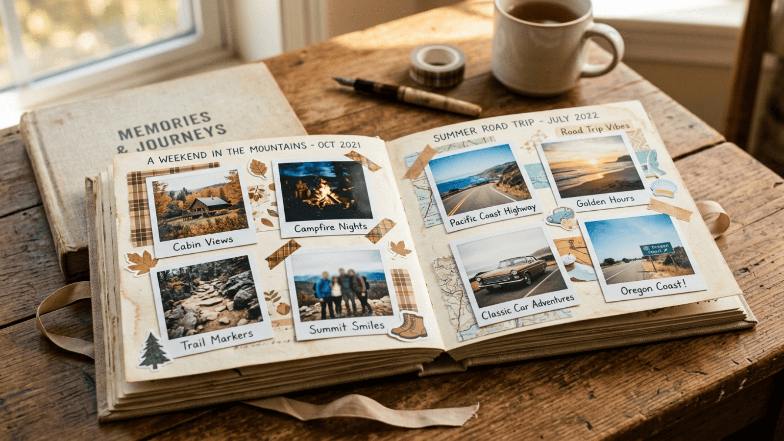open scrapbook on a wooden table showing printed photos, handwritten captions, and decorative paper details