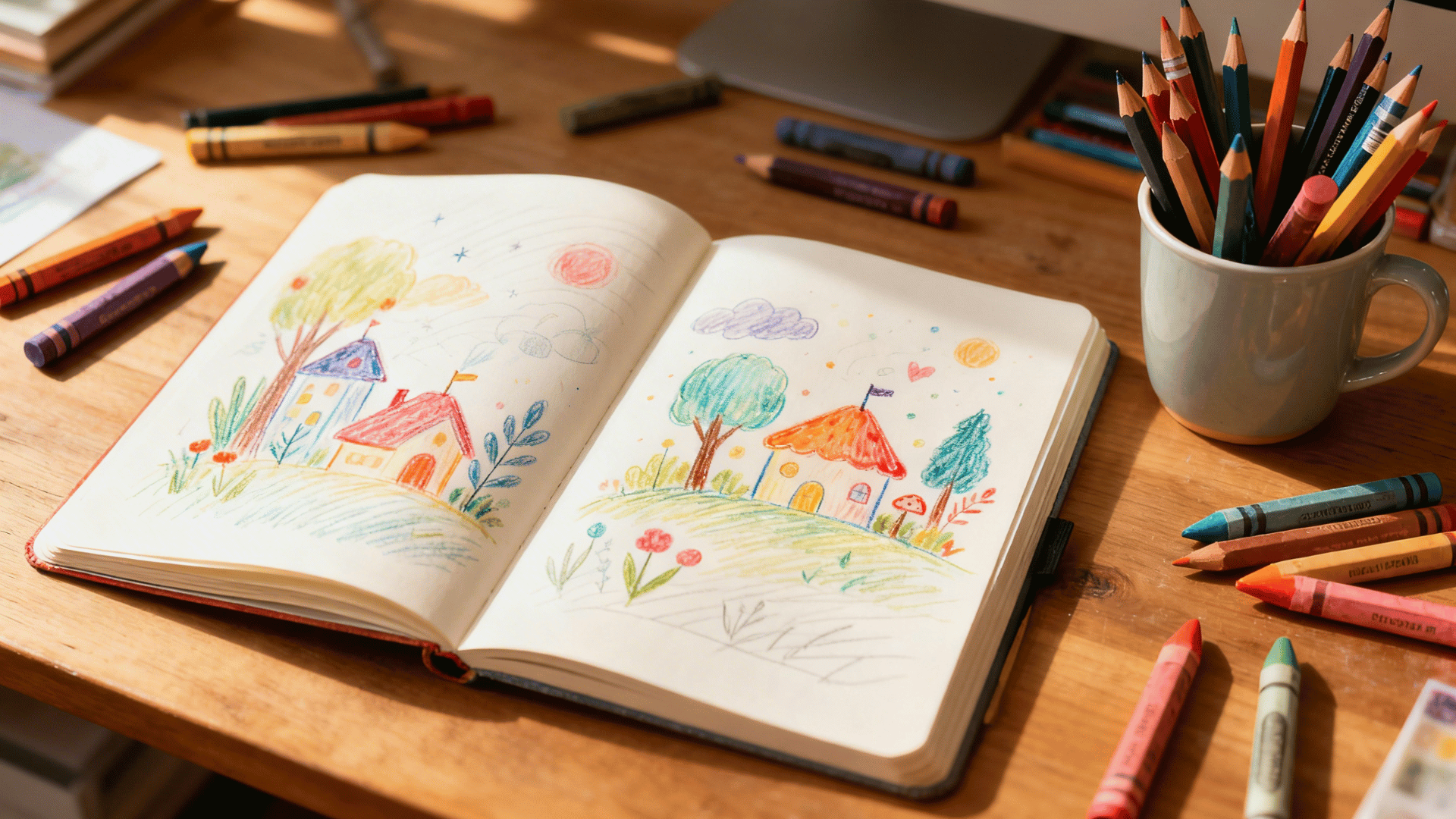 open sketchbook with colorful childlike drawings of houses and trees, surrounded by crayons and pencils on a desk.
