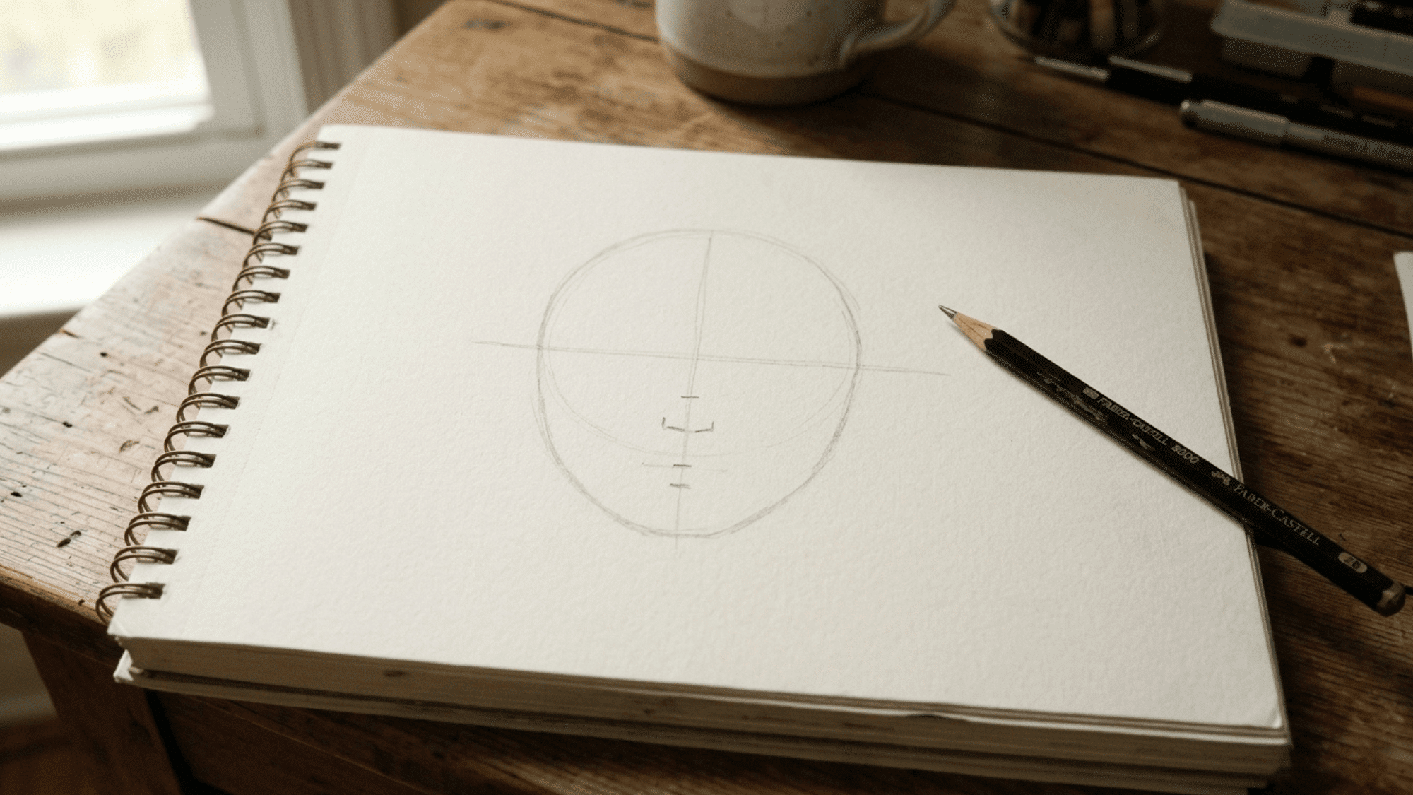 open sketchbook with light face guidelines drawn in pencil on wooden desk
