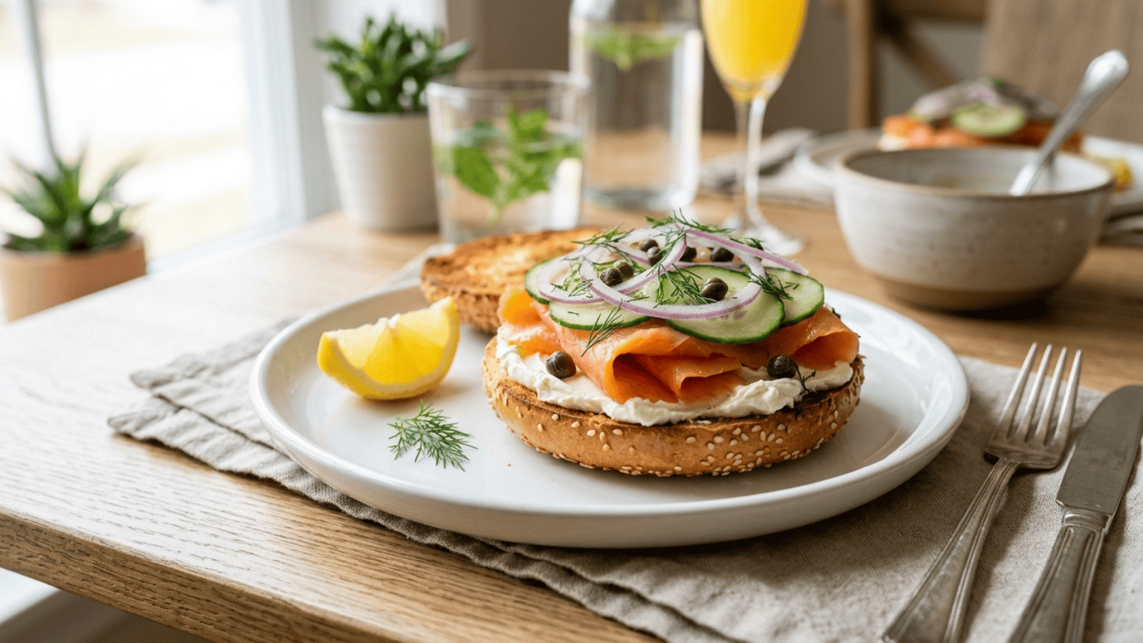 open toasted bagel topped with thick cream cheese, folded smoked salmon, thin cucumber slices, capers, red onion, and fresh dill on a white plate