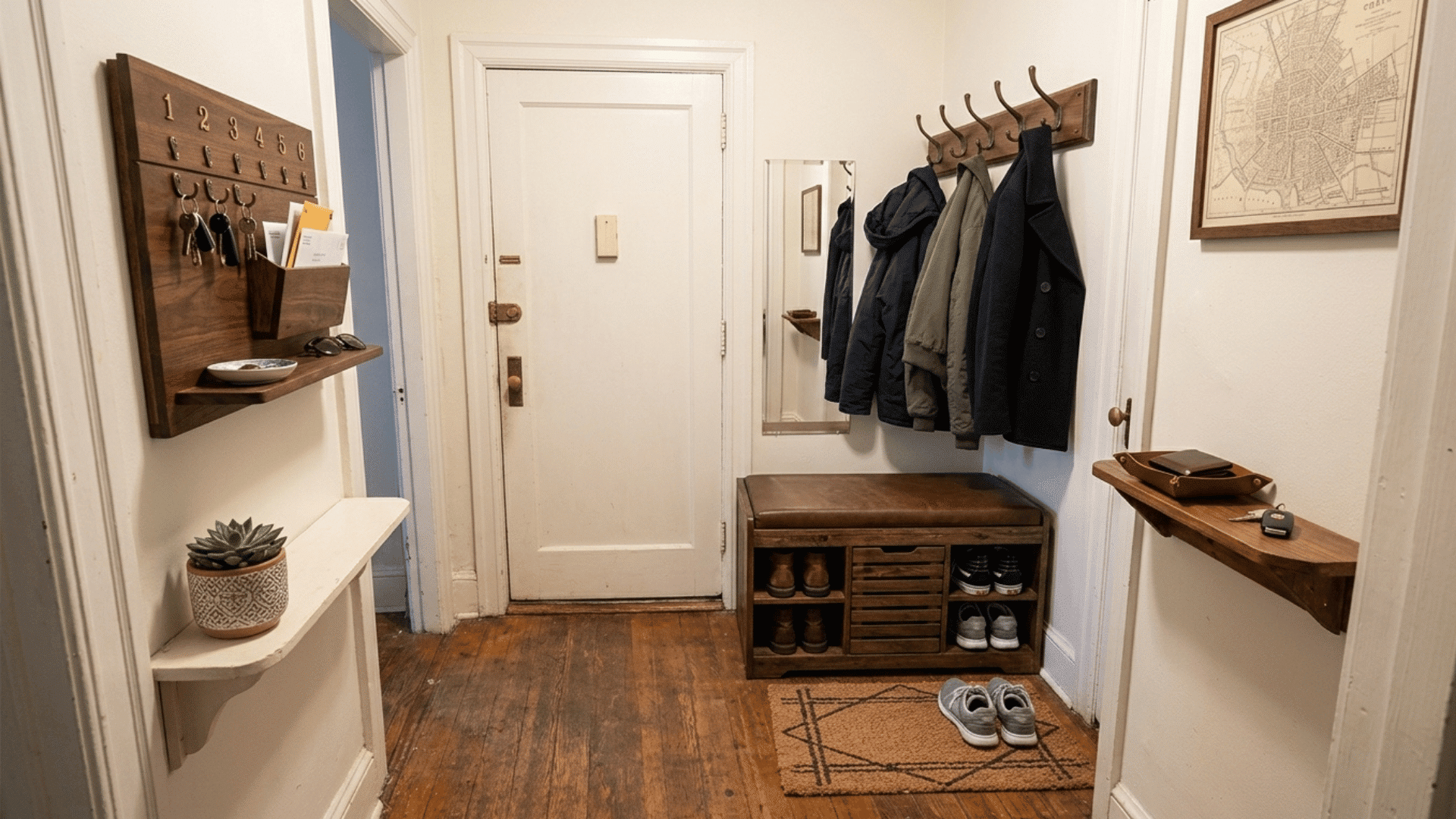 organized entryway with wall hooks, key holder, bench, and shoe storage near the front door.