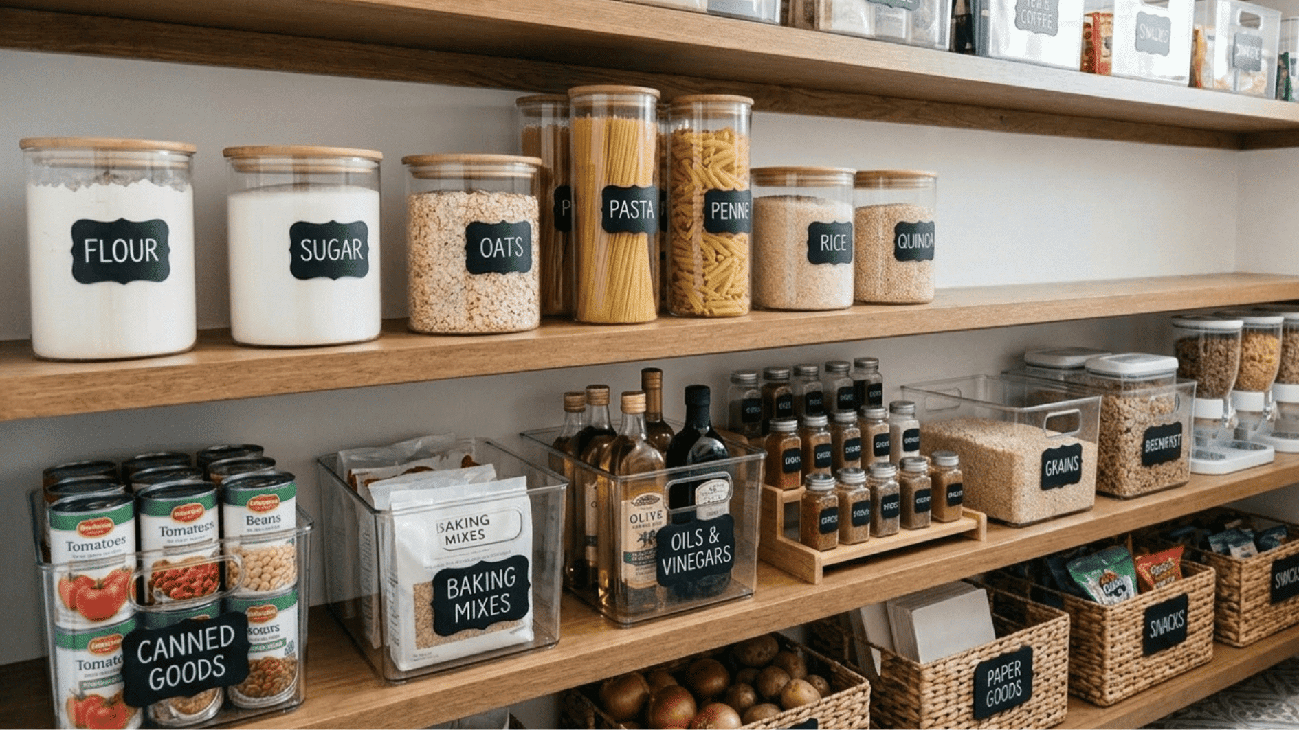 organized pantry with labeled jars, containers, and neatly arranged food items