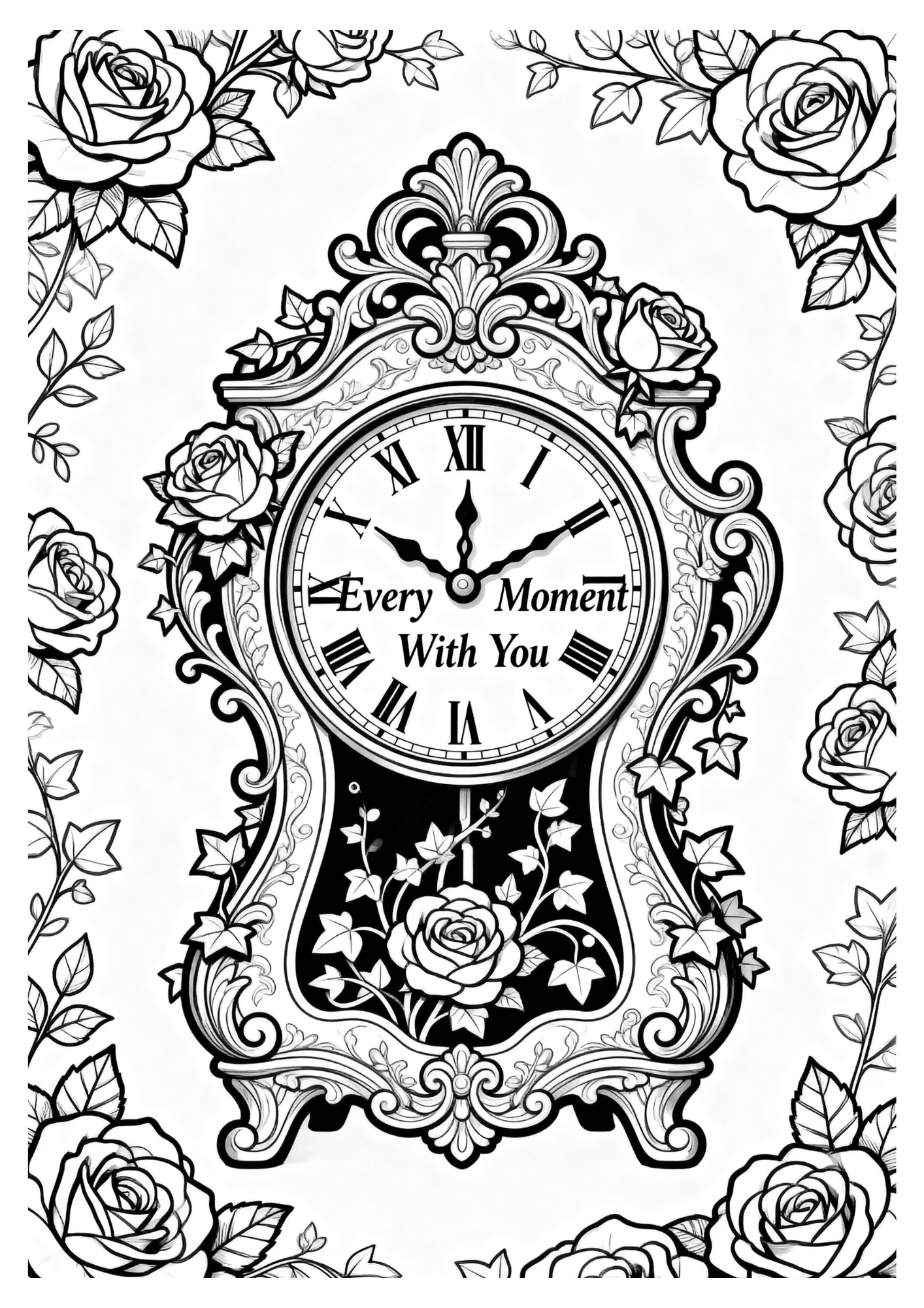 ornate vintage clock surrounded by roses and leaves with text every moment with you in the center