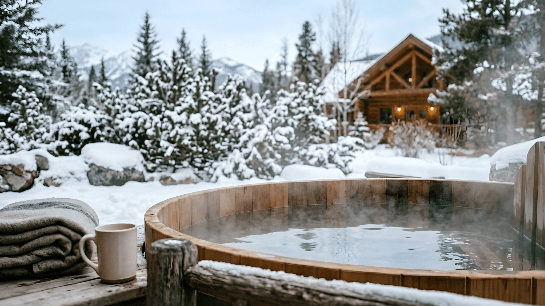 outdoor tub in a spa surrounded by snow-covered trees in winter