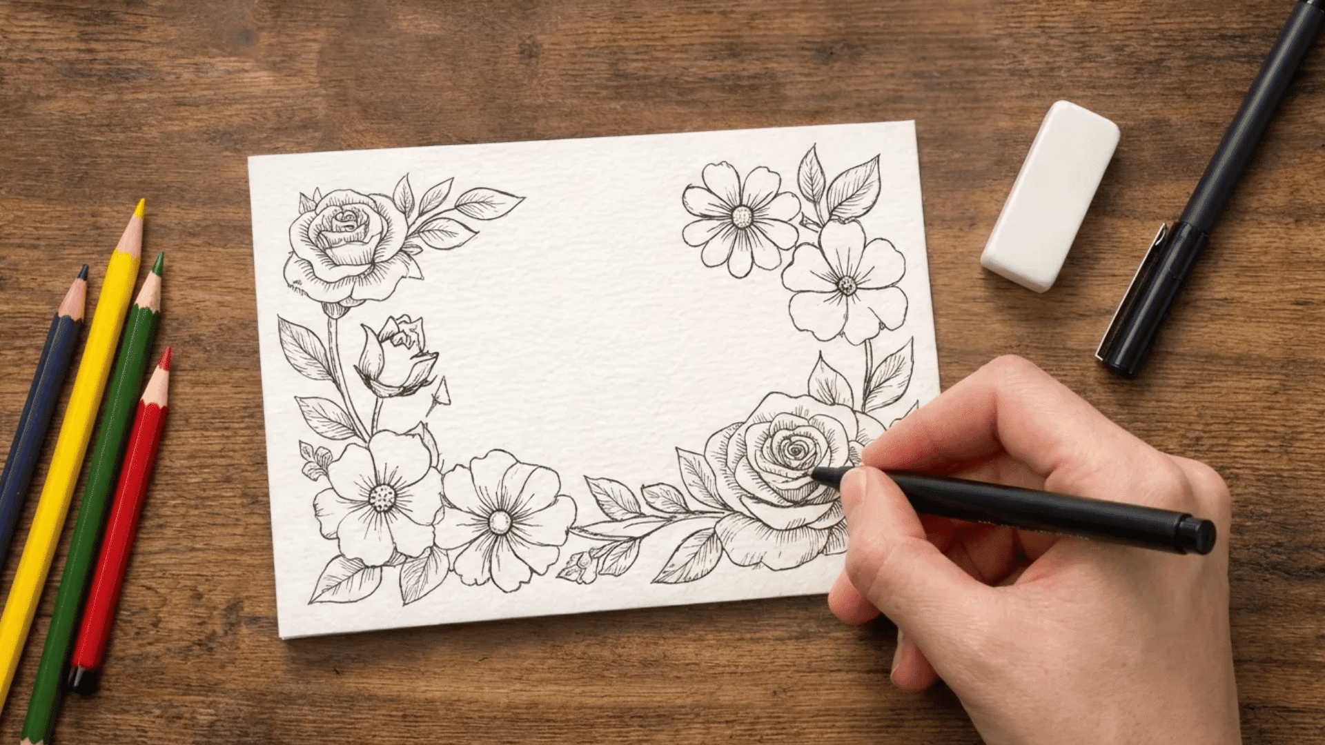 outline the pencil sketch with a fine pen to create clean, bold lines