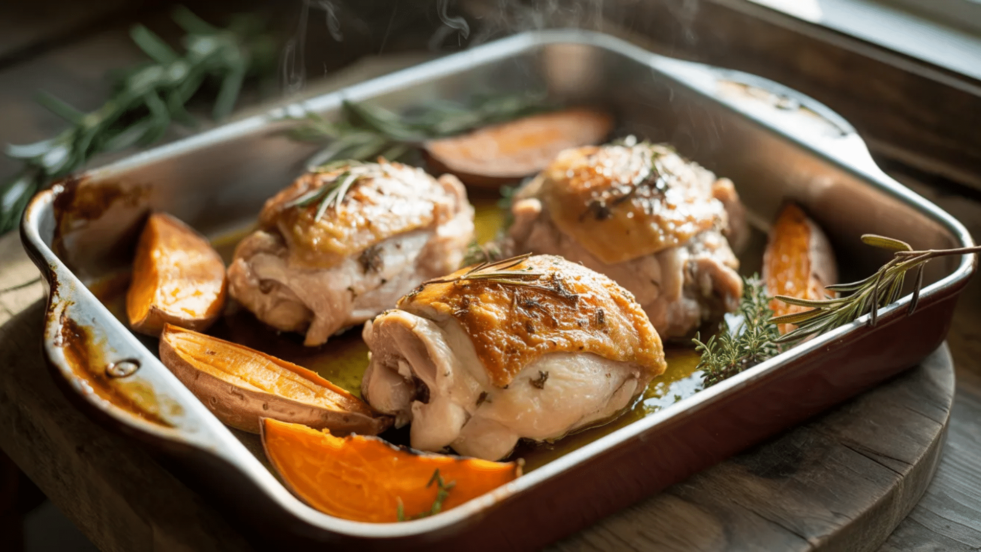 oven roasted chicken thighs with crispy skin served with sweet potato wedges and herbs in a baking dish