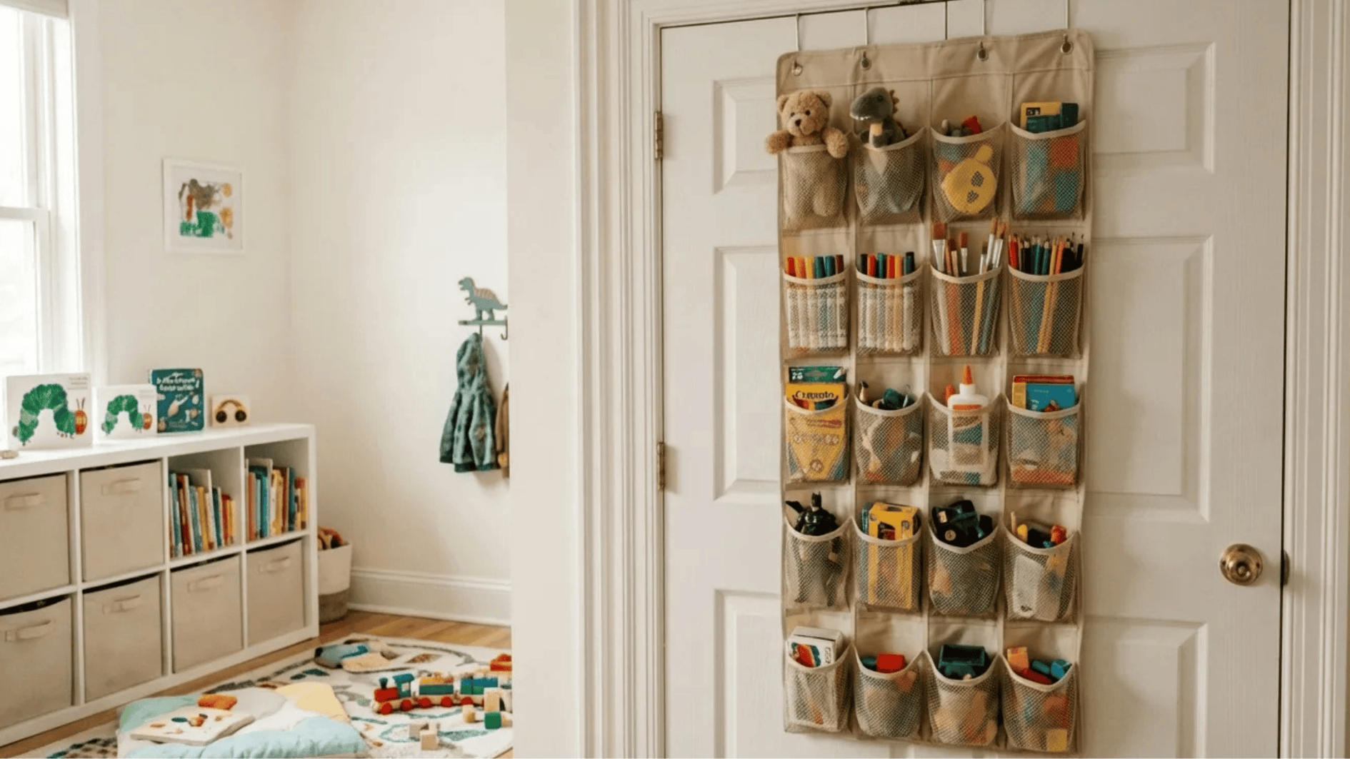 over the door storage organizer holding toys and supplies using unused door space in a compact playroom