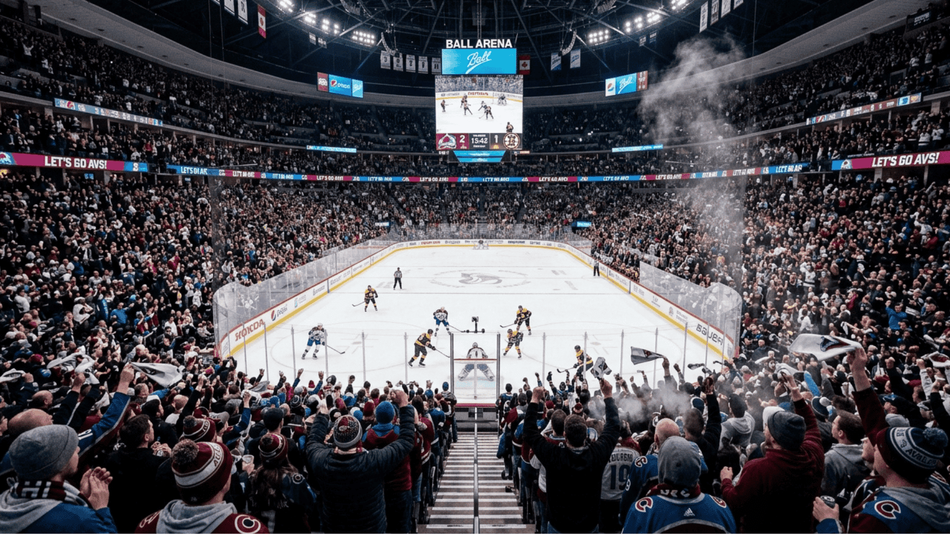 _packed ice hockey stadium, players on the ice, a crowd in winter gear cheering loudly, bright arena lighting