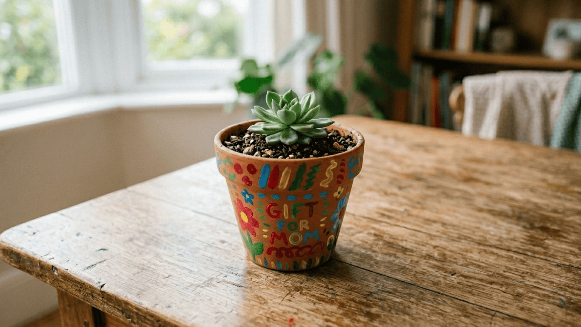 painted clay flower pot with colorful designs and a small green plant inside made as a handmade mothers day gift