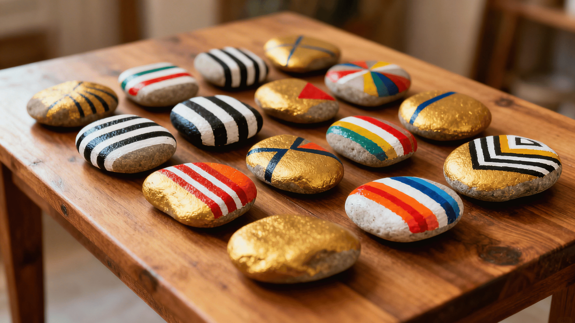 painted decorative rocks with bright patterns and colors displayed neatly on a rustic wooden surface (1)